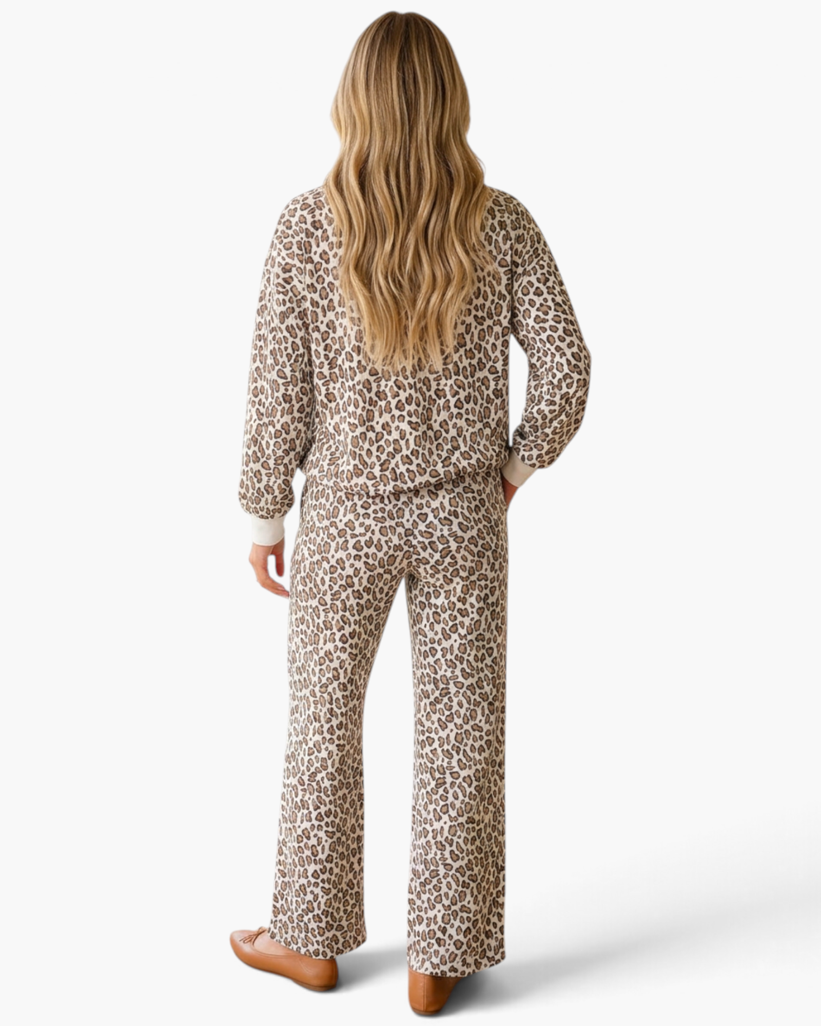 Beach Rose Co. ivory and brown leopard print lounge set with long-sleeve top and straight-leg pants, back view