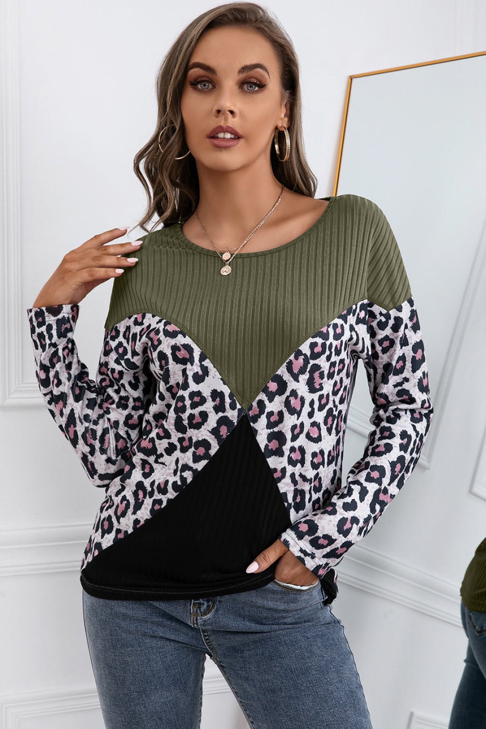 Beach Rose Co. - Leopard Patch Color Block Rib Knit Top