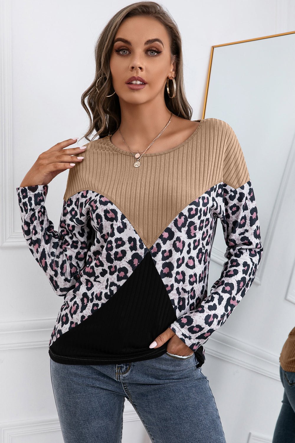 Beach Rose Co. - Leopard Patch Color Block Rib Knit Top