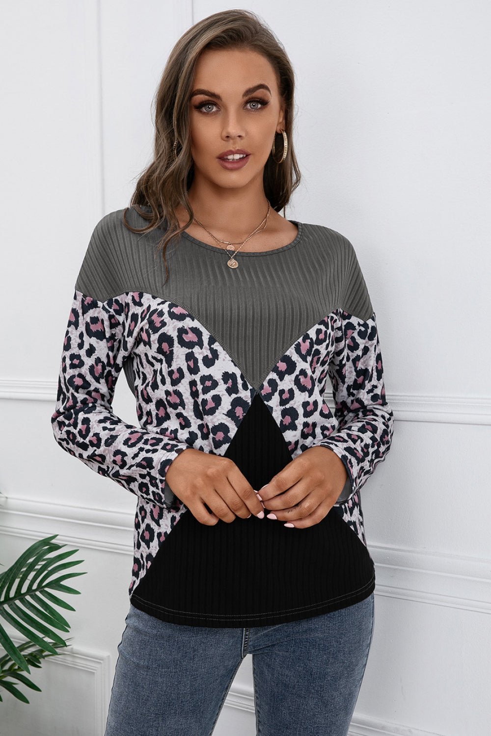 Beach Rose Co. - Leopard Patch Color Block Rib Knit Top