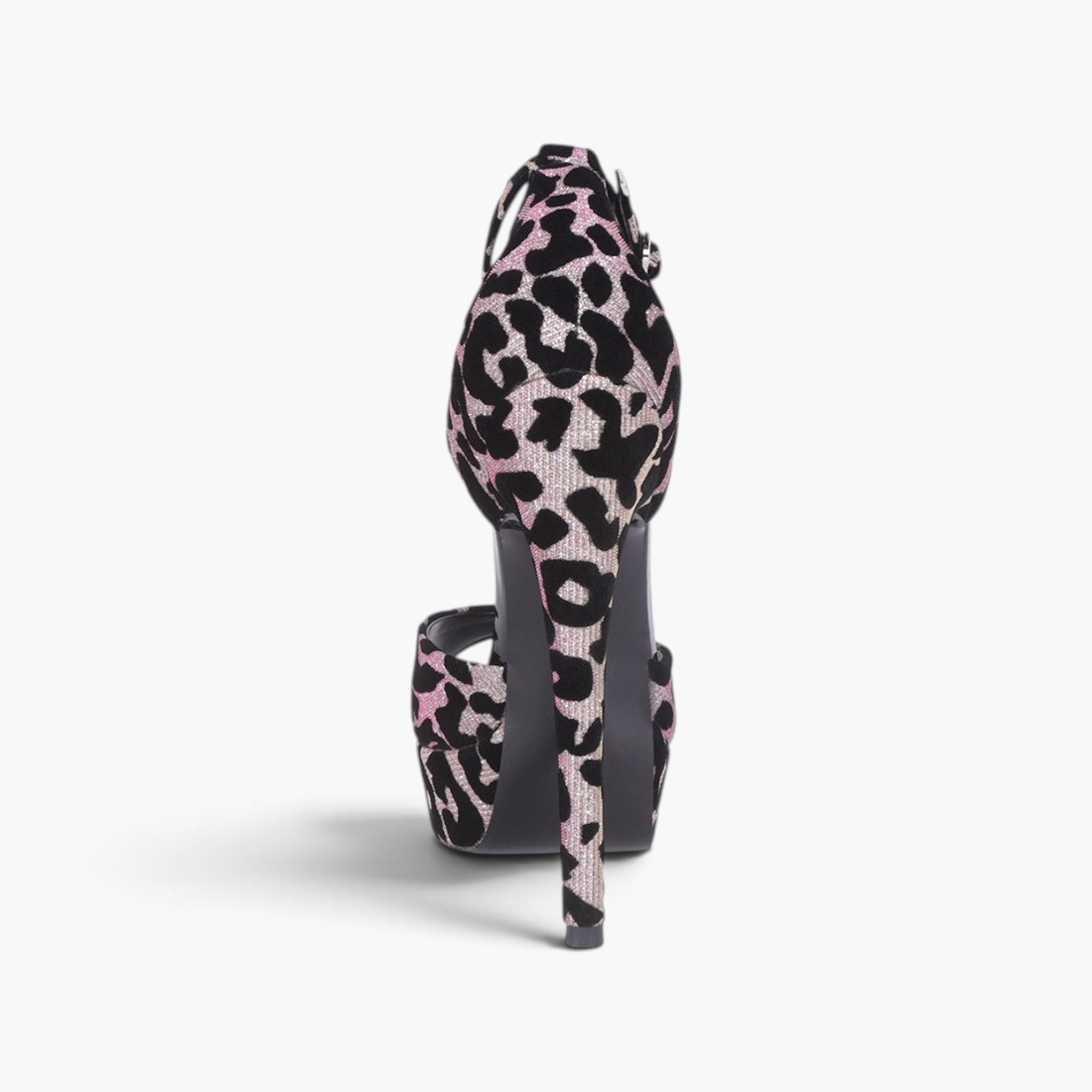 Beach Rose Co. leopard print platform stiletto sandals with peep toe and ankle strap, back view.