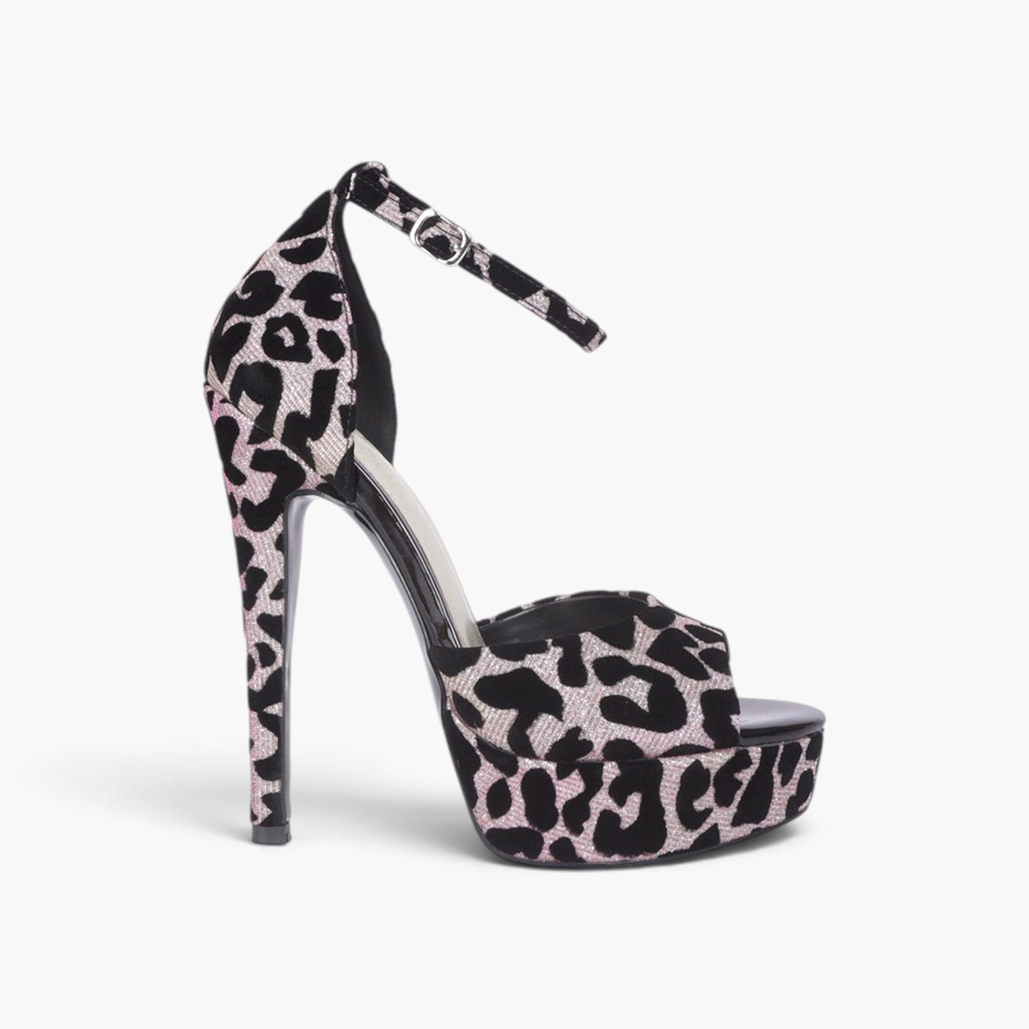Beach Rose Co. leopard print platform stiletto sandals with a peep toe and adjustable ankle strap