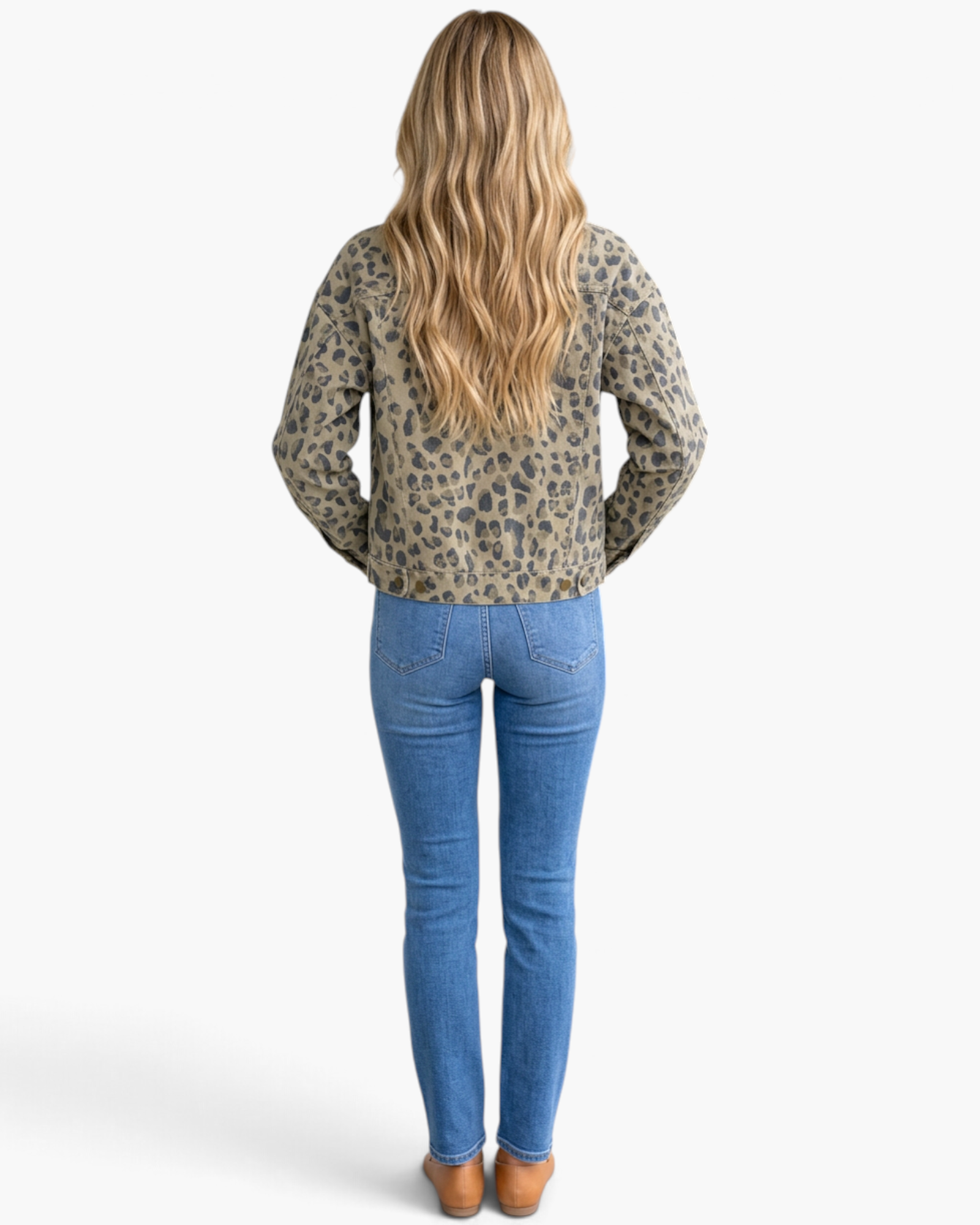 Beach Rose Co. taupe and charcoal leopard print denim jacket worn by a woman with long blonde hair, back view.