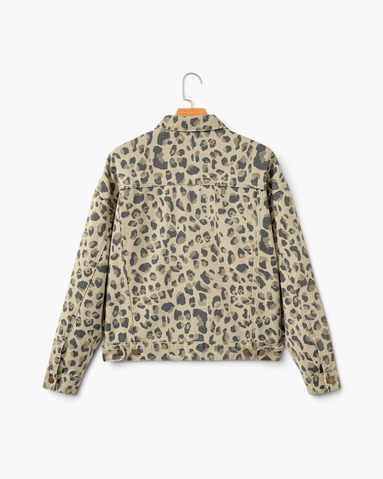 Beach Rose Co. relaxed fit denim jacket in taupe and charcoal leopard print, shown from the back.
