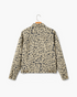 Beach Rose Co. relaxed fit denim jacket in taupe and charcoal leopard print, shown from the back.