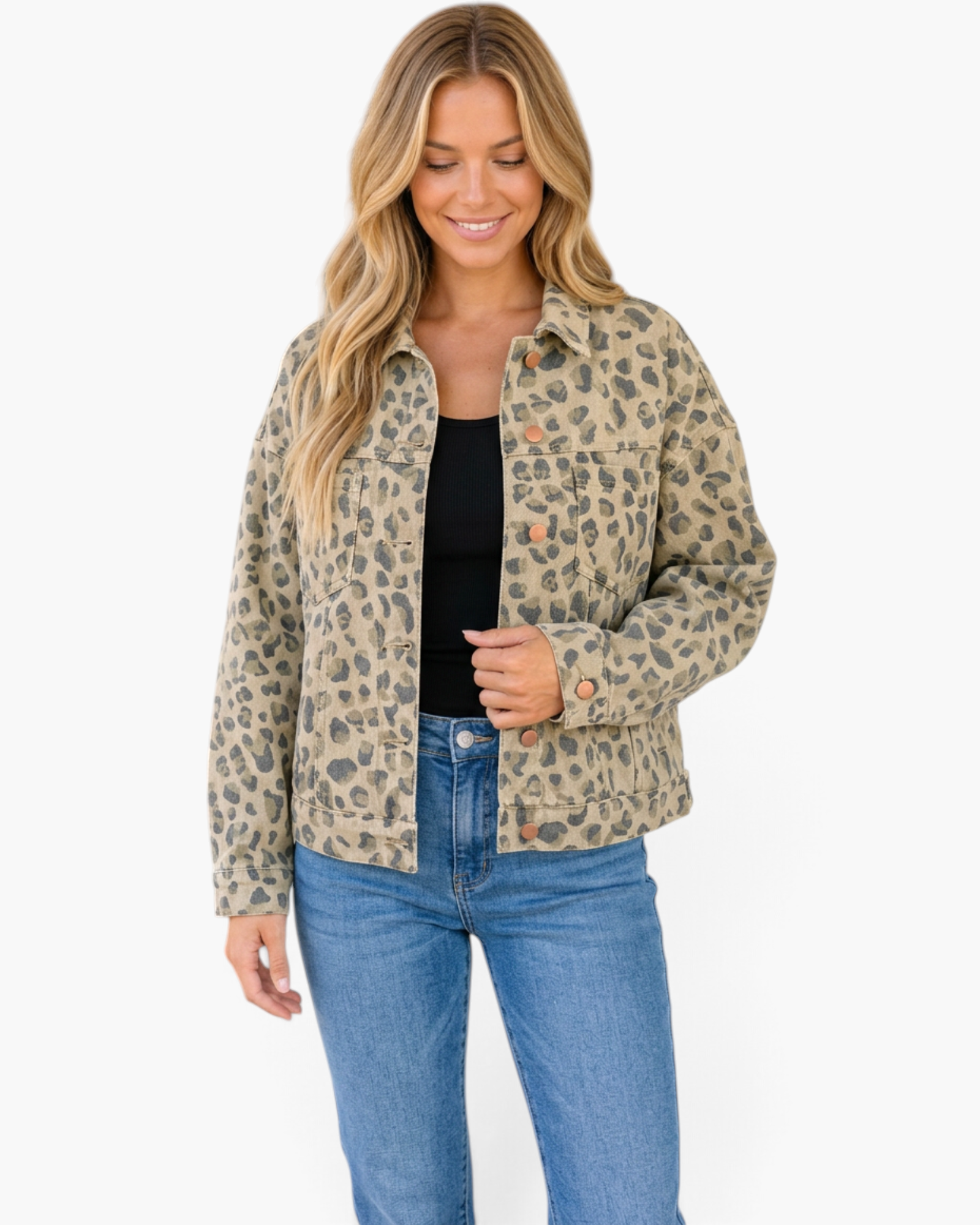 Beach Rose Co. relaxed fit taupe and charcoal leopard print denim jacket with button front and chest pockets