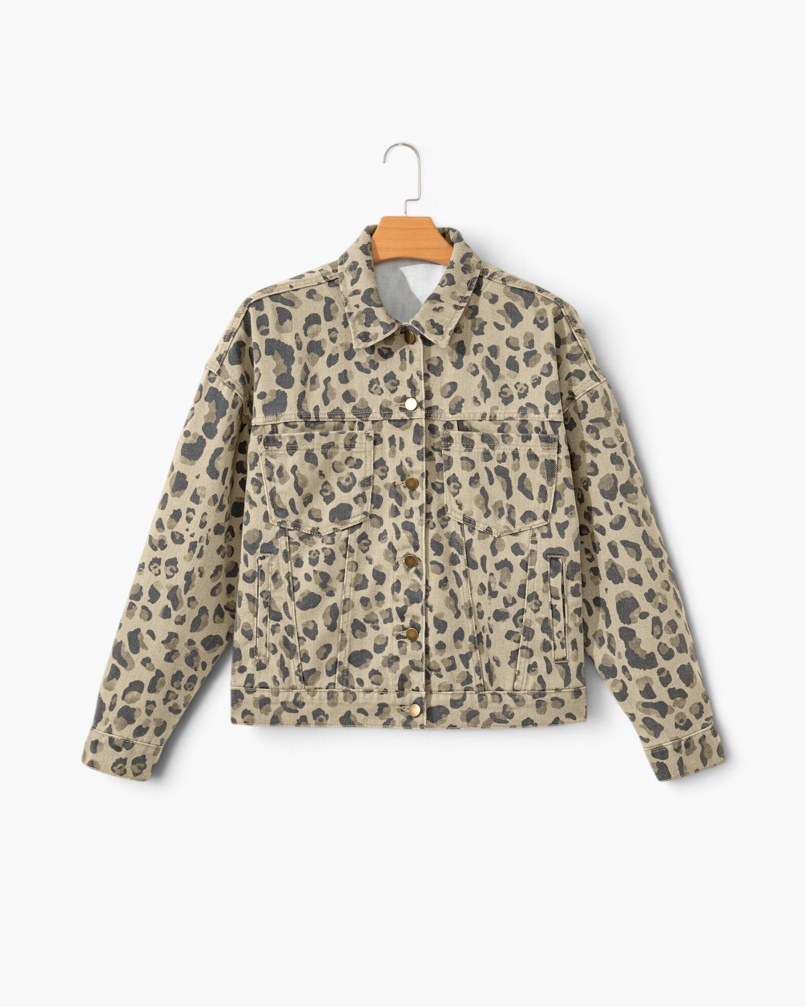 Beach Rose Co. relaxed denim jacket in taupe and charcoal leopard print with button-front and chest pockets.