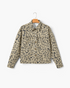 Beach Rose Co. relaxed denim jacket in taupe and charcoal leopard print with button-front and chest pockets.