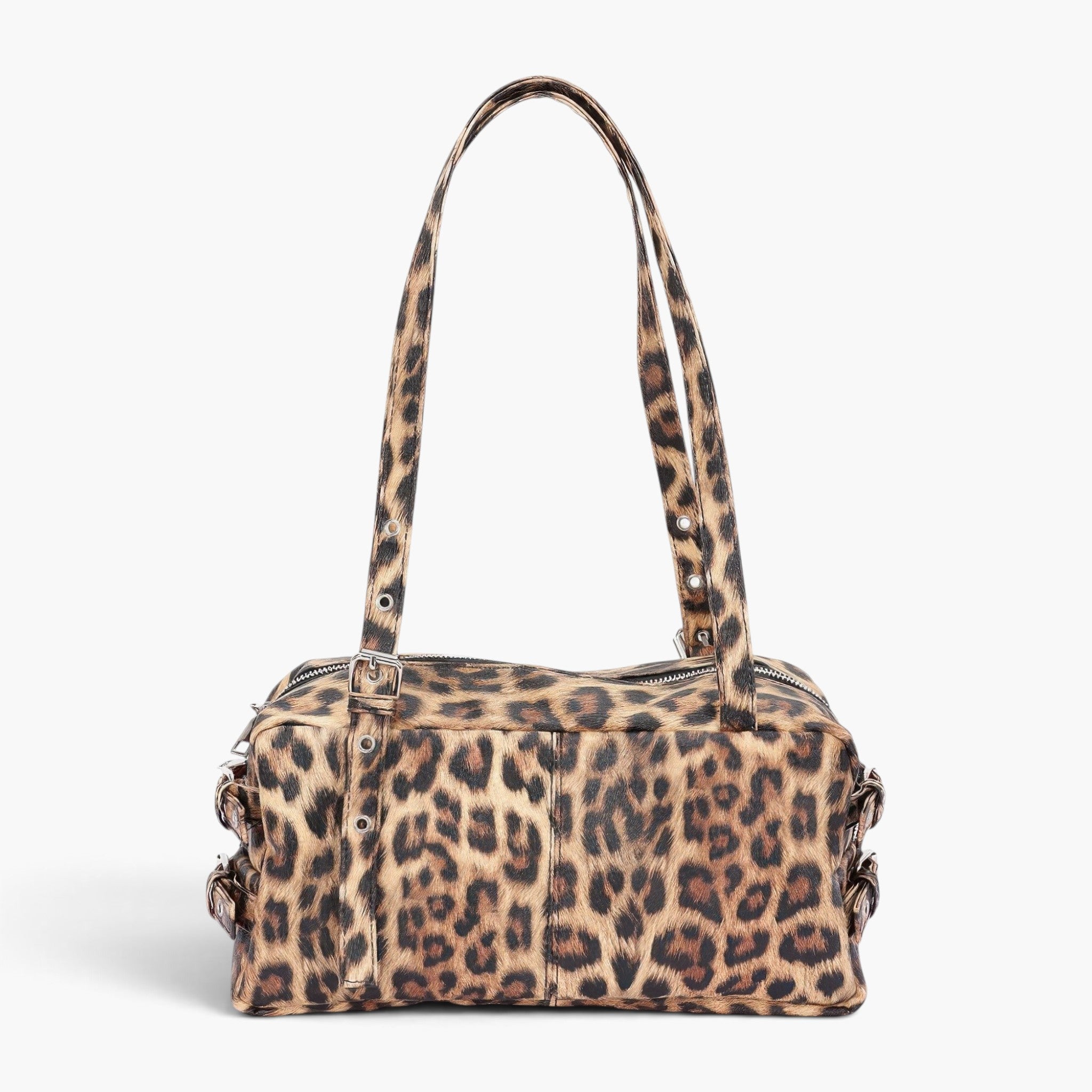 Beach Rose Co. faux leather sport bag featuring a bold leopard print, dual shoulder straps, and metal hardware.