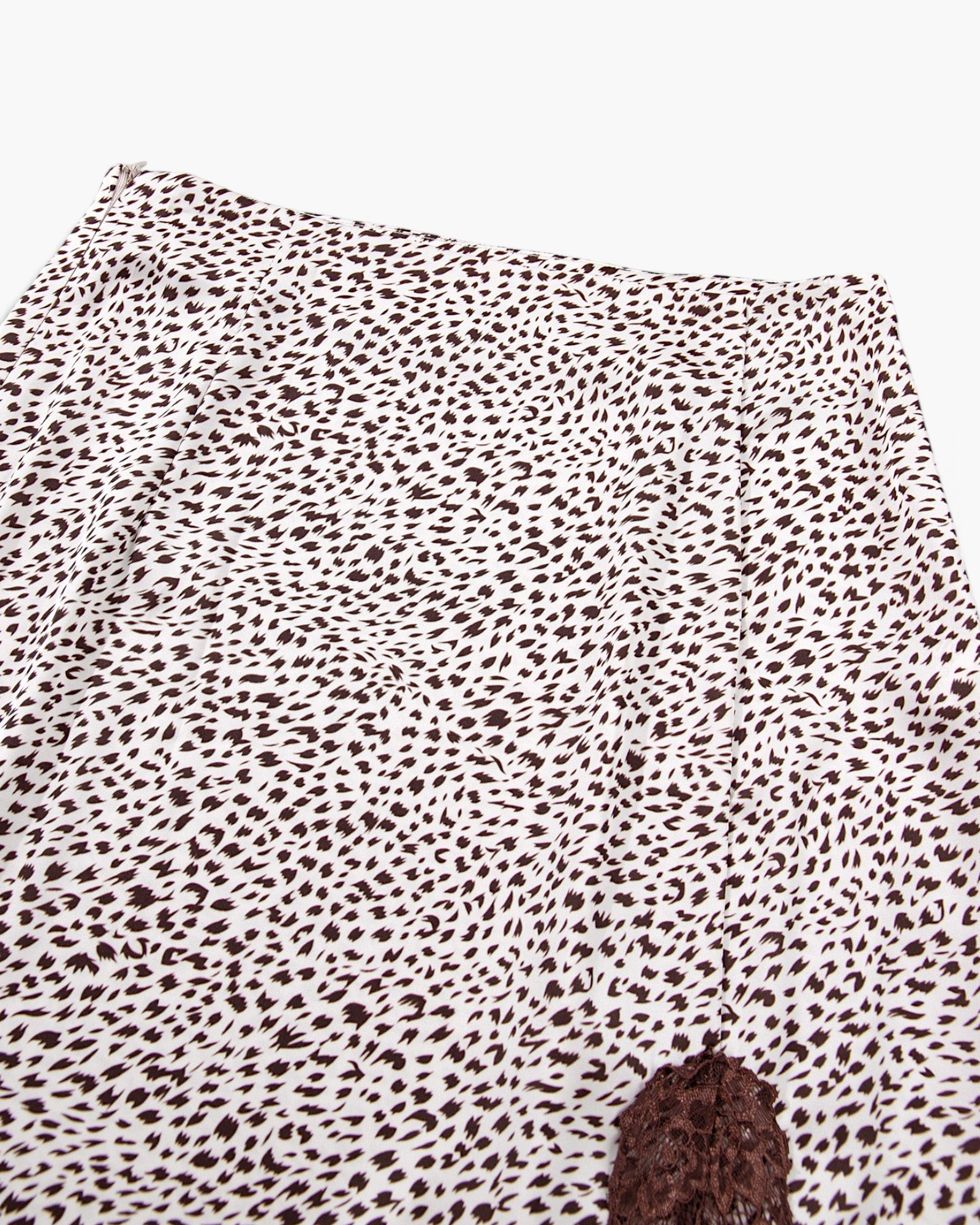 Beach Rose Co. brown and cream leopard print maxi skirt with delicate lace trim detail on the side slit