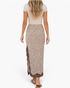 Beach Rose Co. brown and cream leopard print maxi skirt with lace-trimmed side slit and hem worn by a model