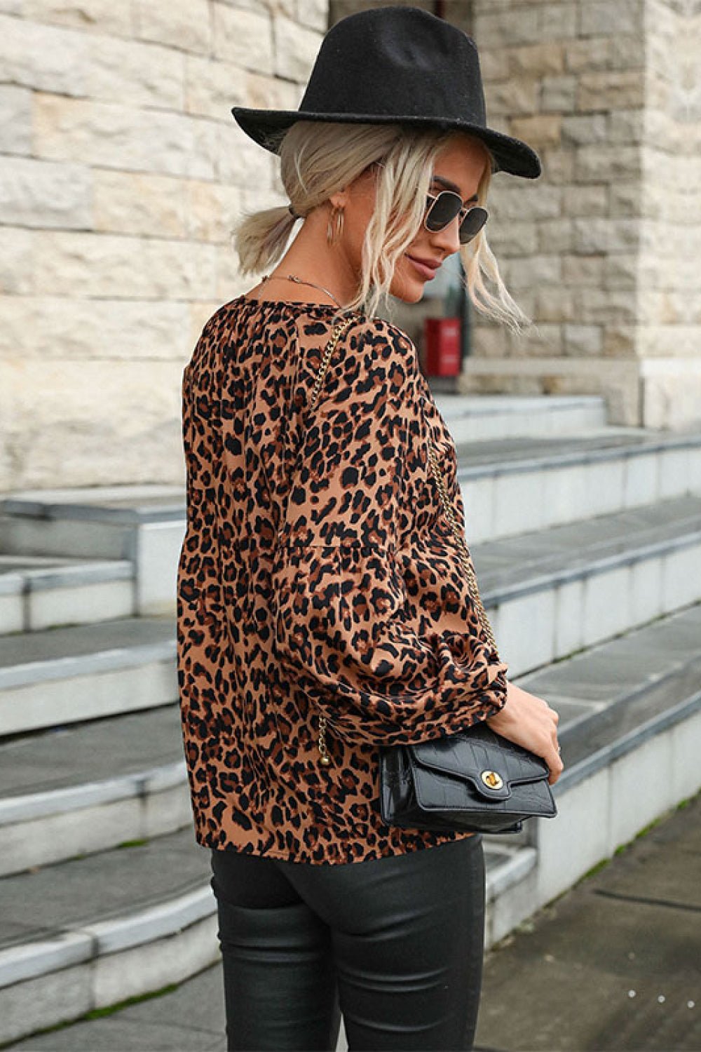 Beach Rose Co. - Leopard Print Lantern Sleeve Blouse