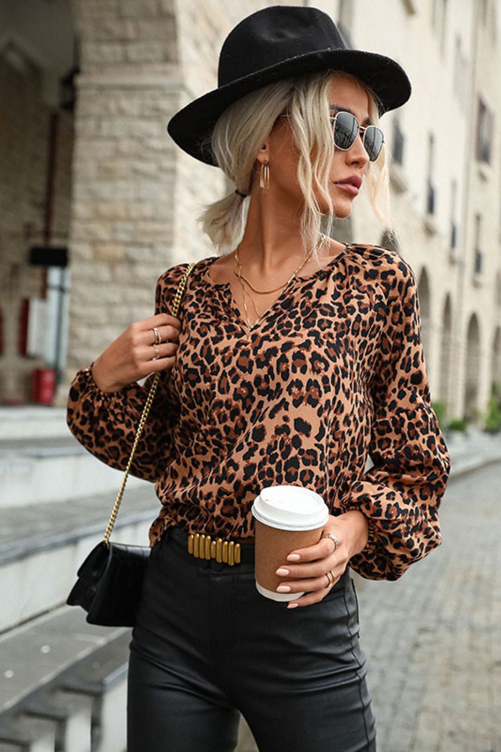 Beach Rose Co. - Leopard Print Lantern Sleeve Blouse