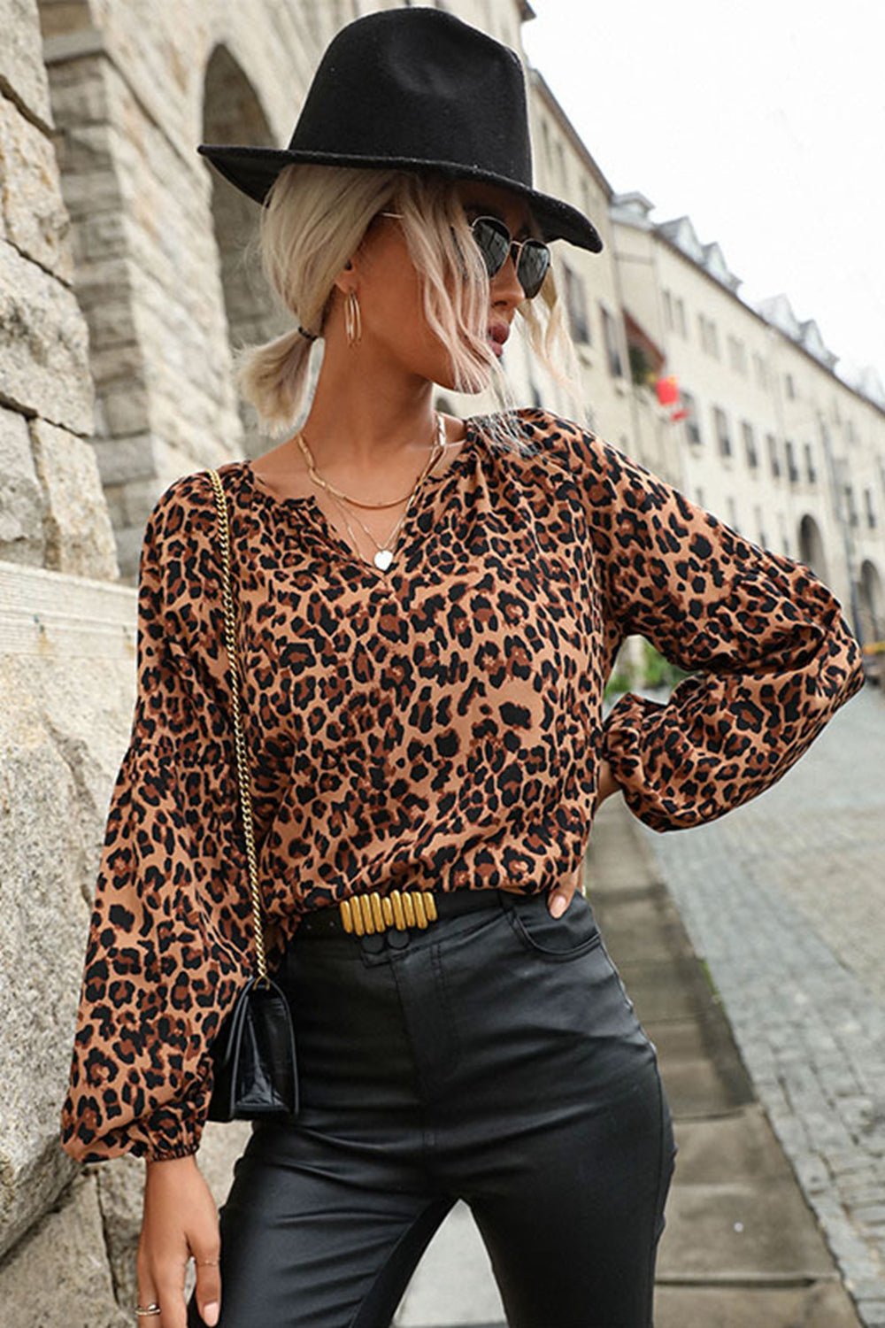 Beach Rose Co. - Leopard Print Lantern Sleeve Blouse