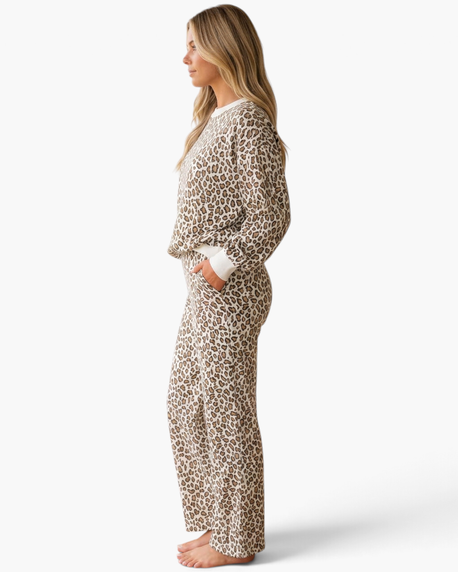 Beach Rose Co. ivory and brown leopard print lounge set with long-sleeve crewneck top and straight-leg pants