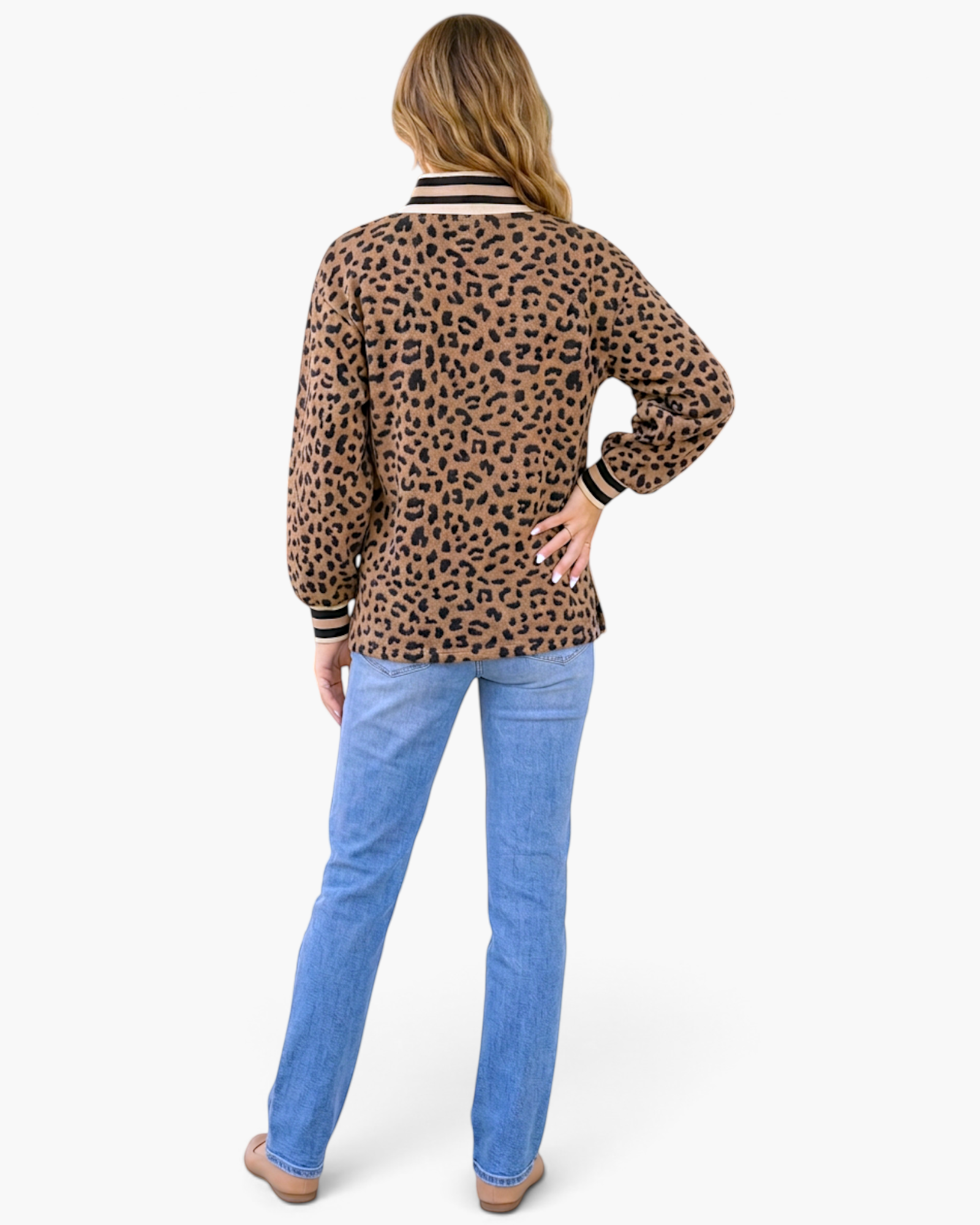 Beach Rose Co. camel and black leopard print pullover with striped ribbed trim and balloon sleeves, back view
