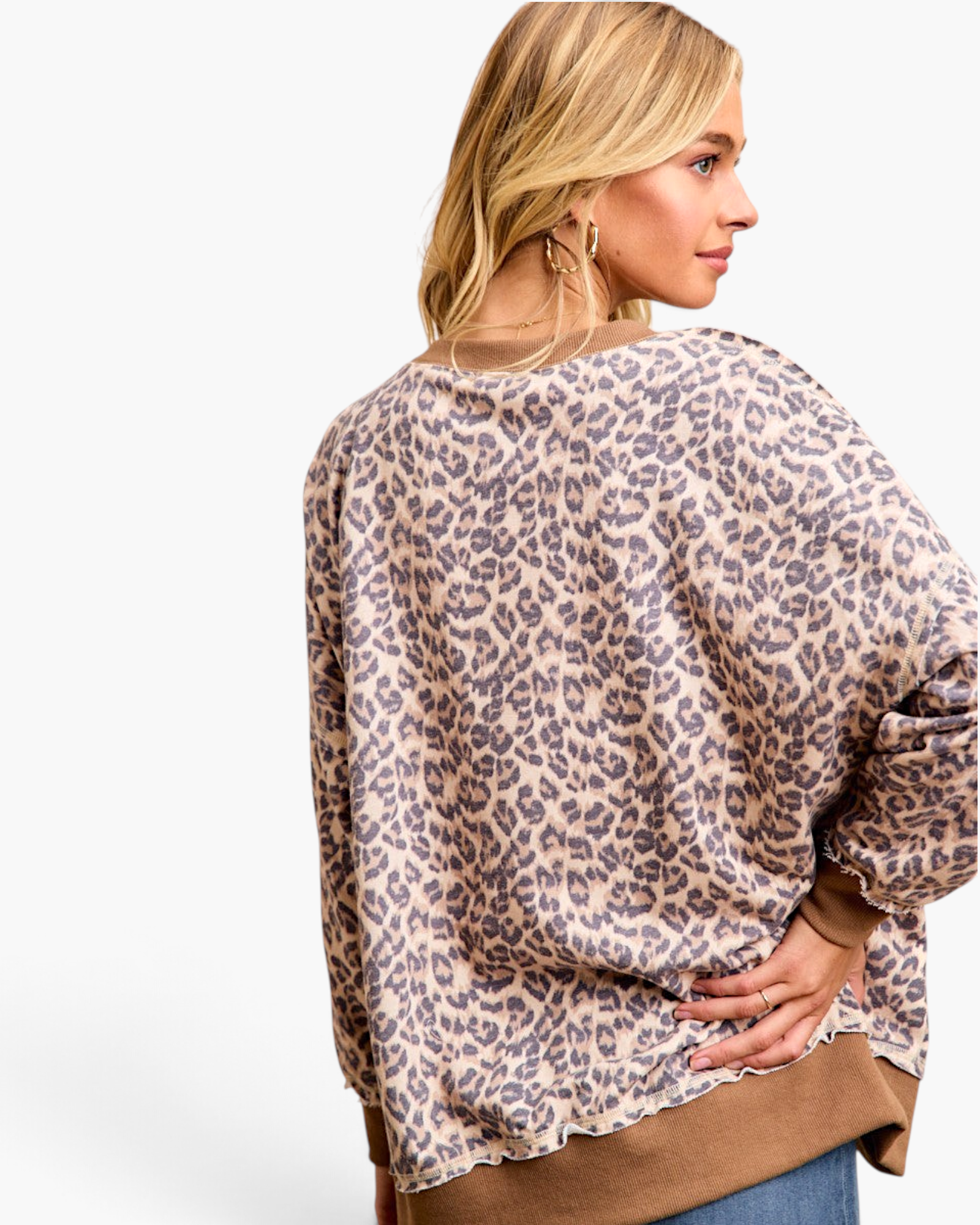 Beach Rose Co. taupe leopard print long sleeve sweatshirt with brown contrast trim and a relaxed layered-look fit.