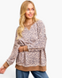 Beach Rose Co. taupe leopard print long sleeve sweatshirt with brown contrast trim and a relaxed layered-look fit.