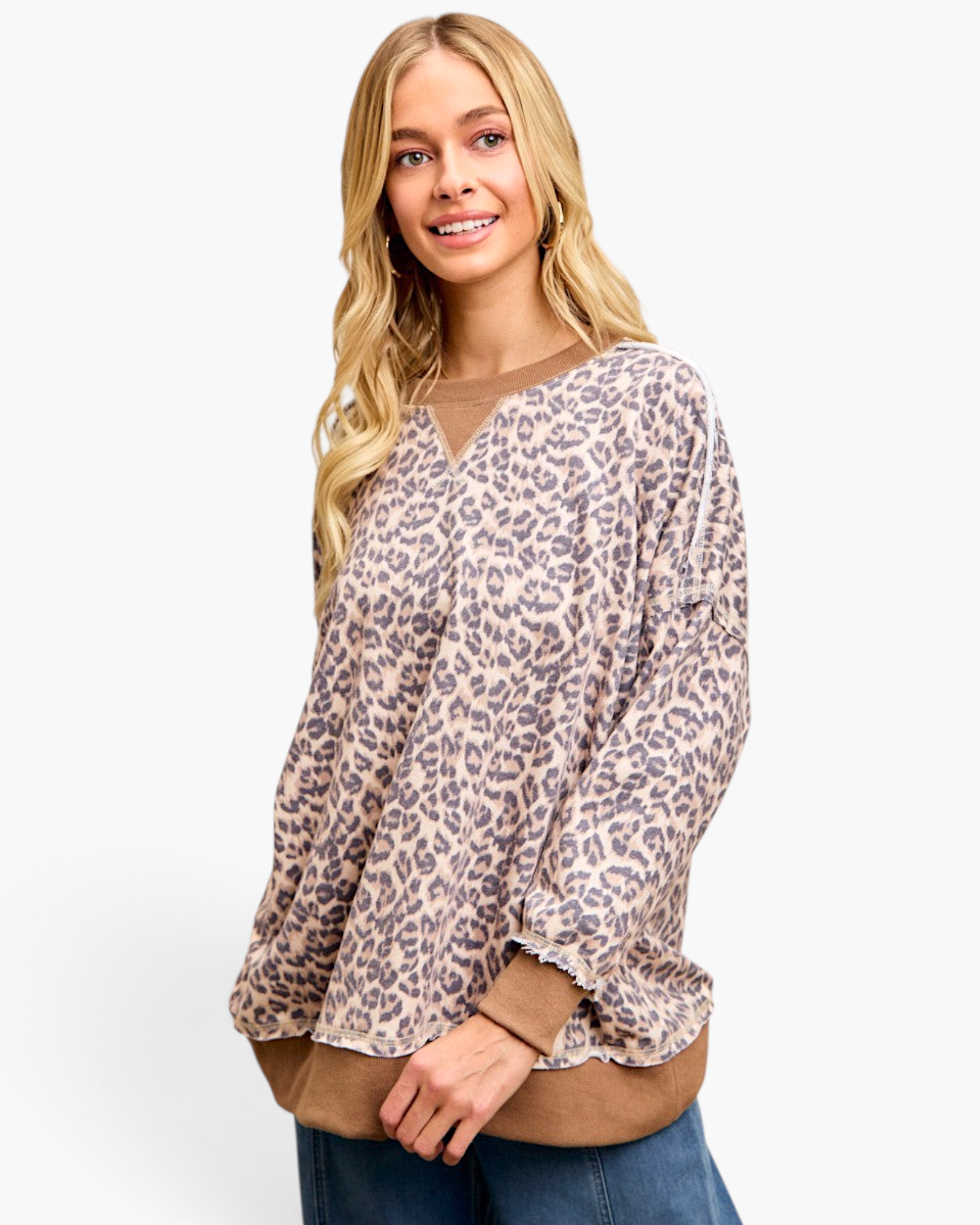 Beach Rose Co. taupe leopard print long sleeve sweatshirt with brown contrast trim and a relaxed layered-look fit.