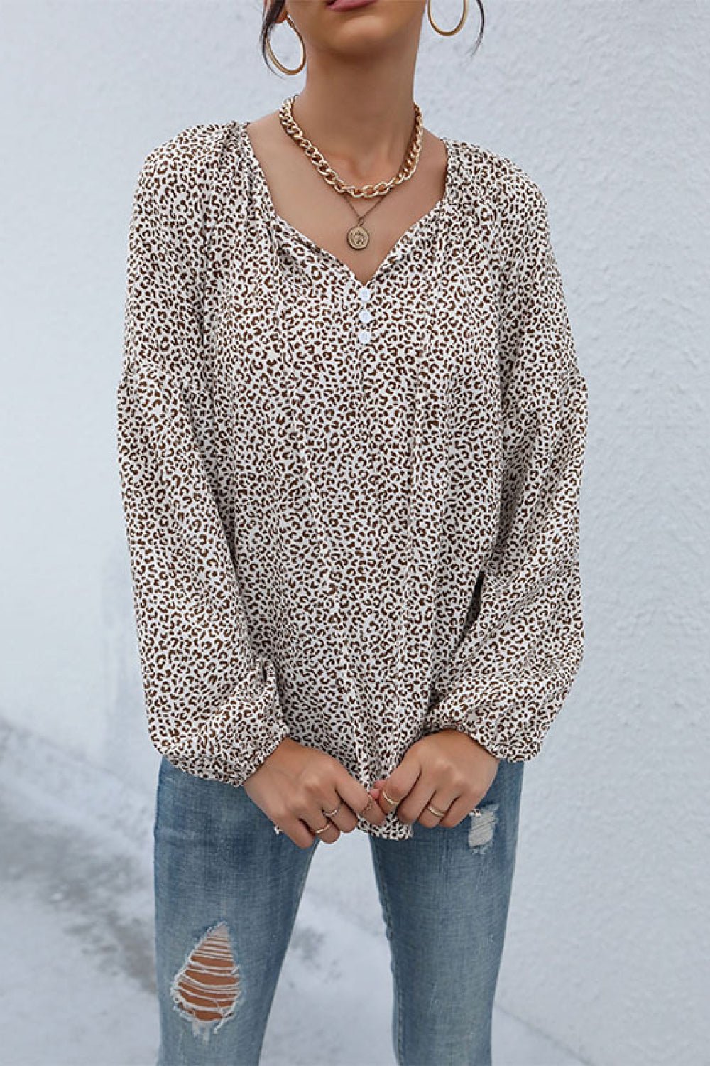 Beach Rose Co. - Leopard Print Tie Neck Blouse