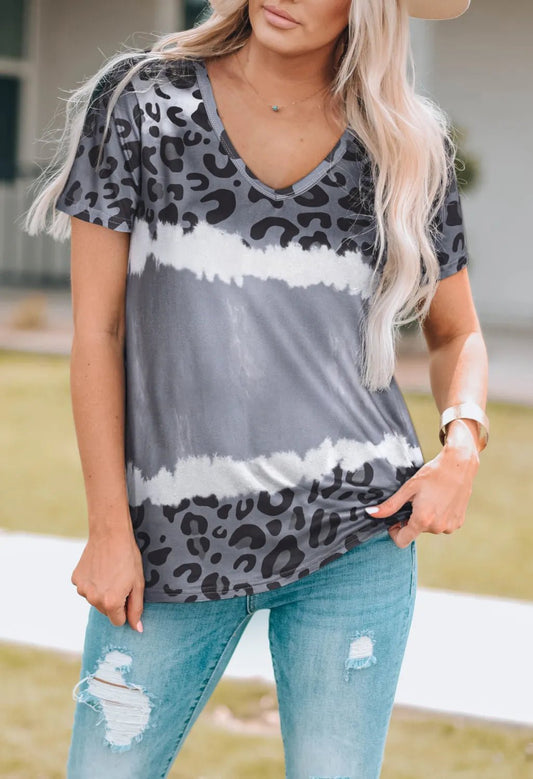 Beach Rose Co. - Leopard Print V - Neck Short Sleeve T-Shirt in Cloudy Blue