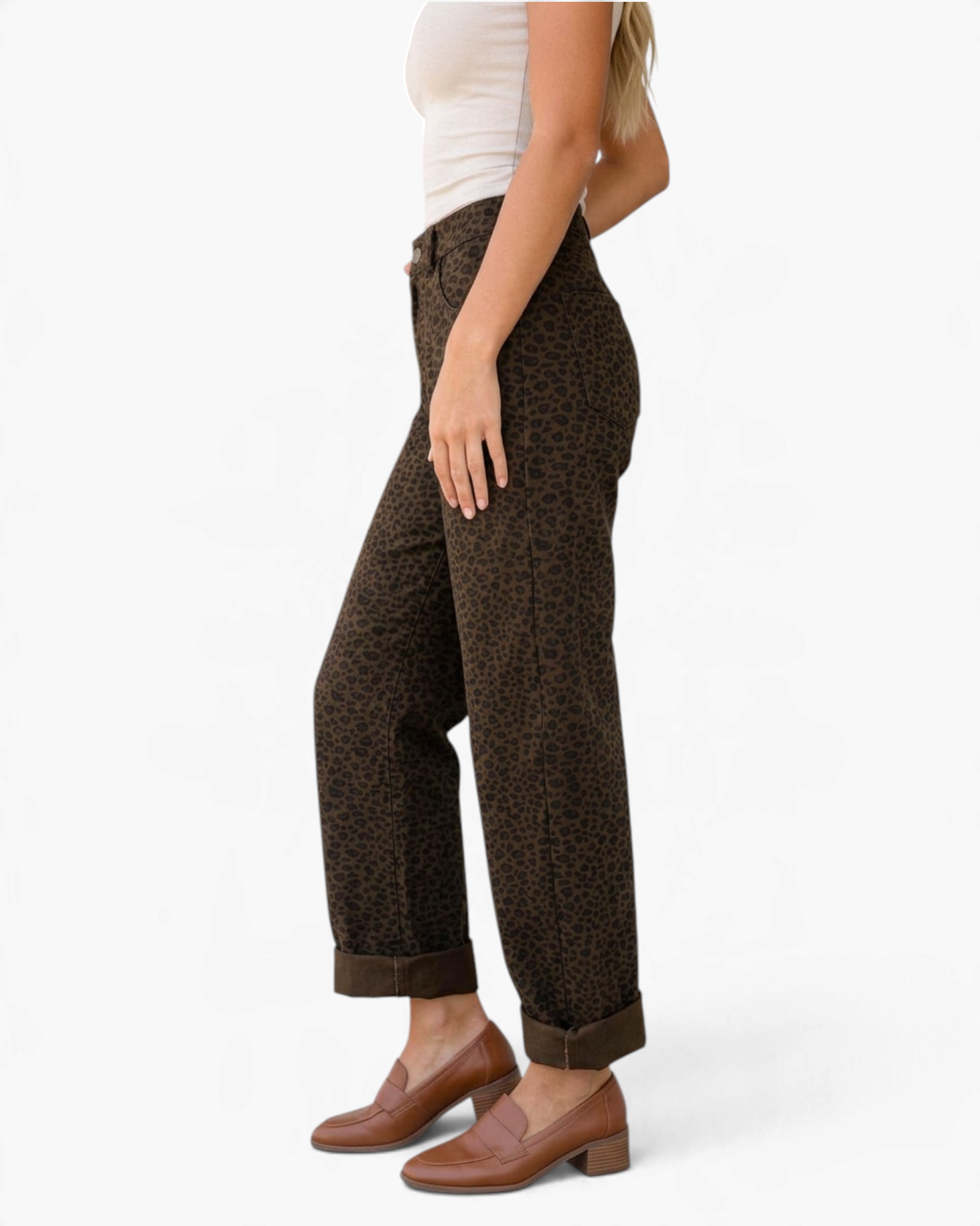 Beach Rose Co. brown leopard print wide-leg pants with cuffed hems worn by a model with brown loafers