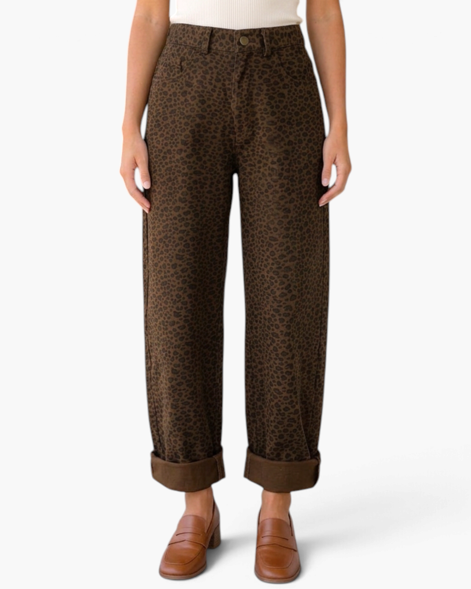 Beach Rose Co. brown leopard print wide-leg cotton pants featuring cuffed hems and a front button closure.