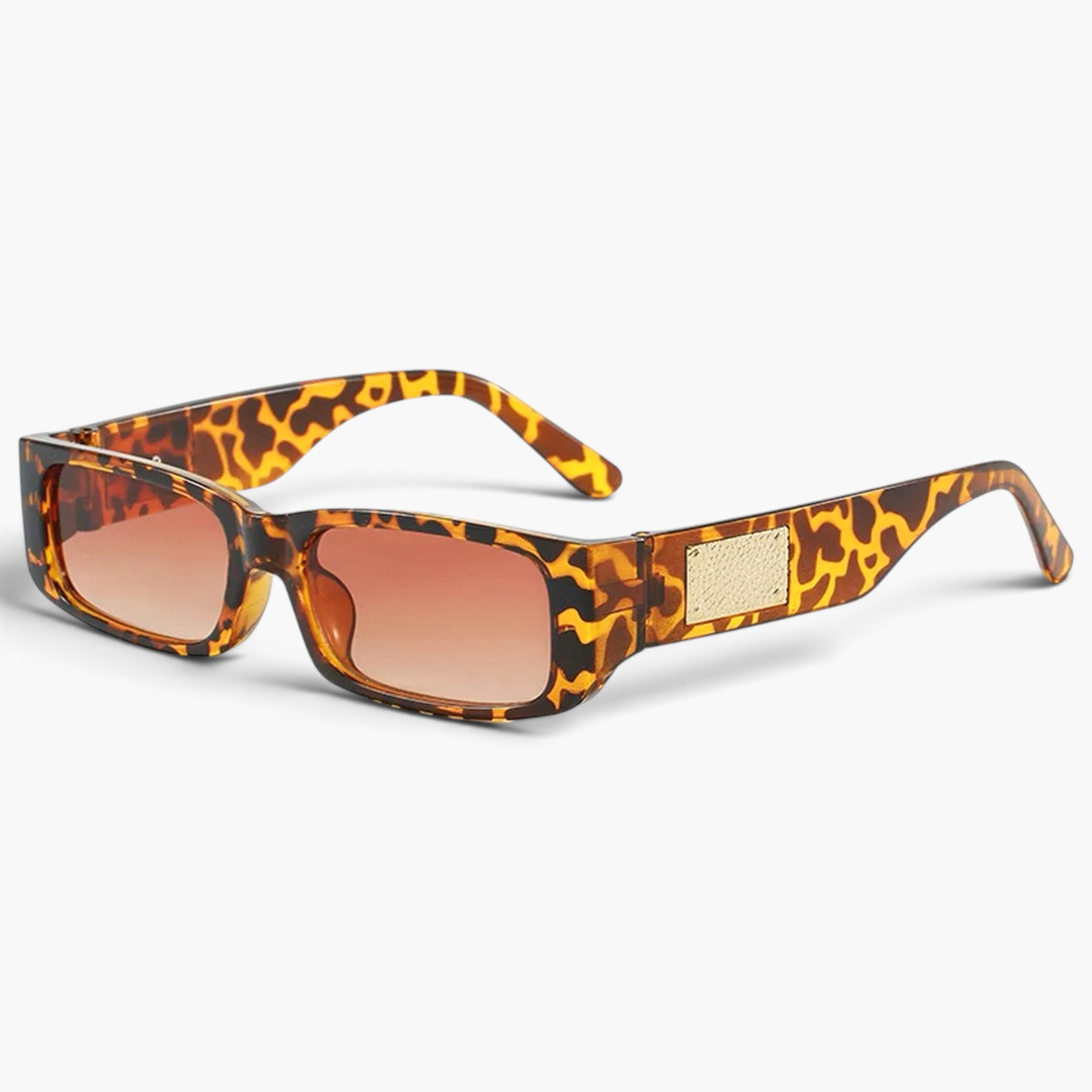 Beach Rose Co. retro rectangular sunglasses in leopard print with textured gold temple accents and UV400 lenses.