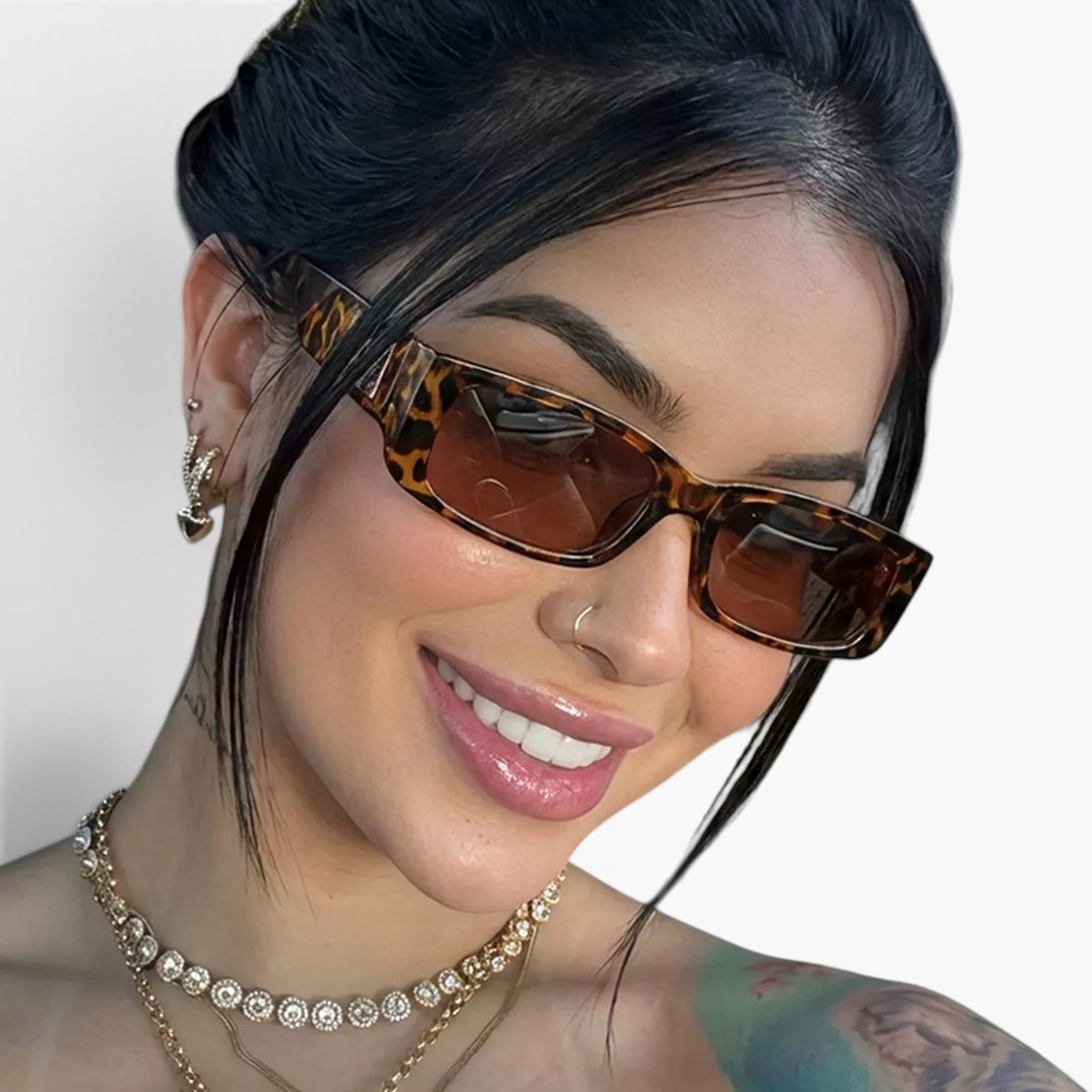 Beach Rose Co. retro rectangular sunglasses in leopard print with gold accents worn by a woman