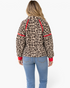 Beach Rose Co. cream leopard print sherpa pullover with red trim details, shown from the back on a blonde model.