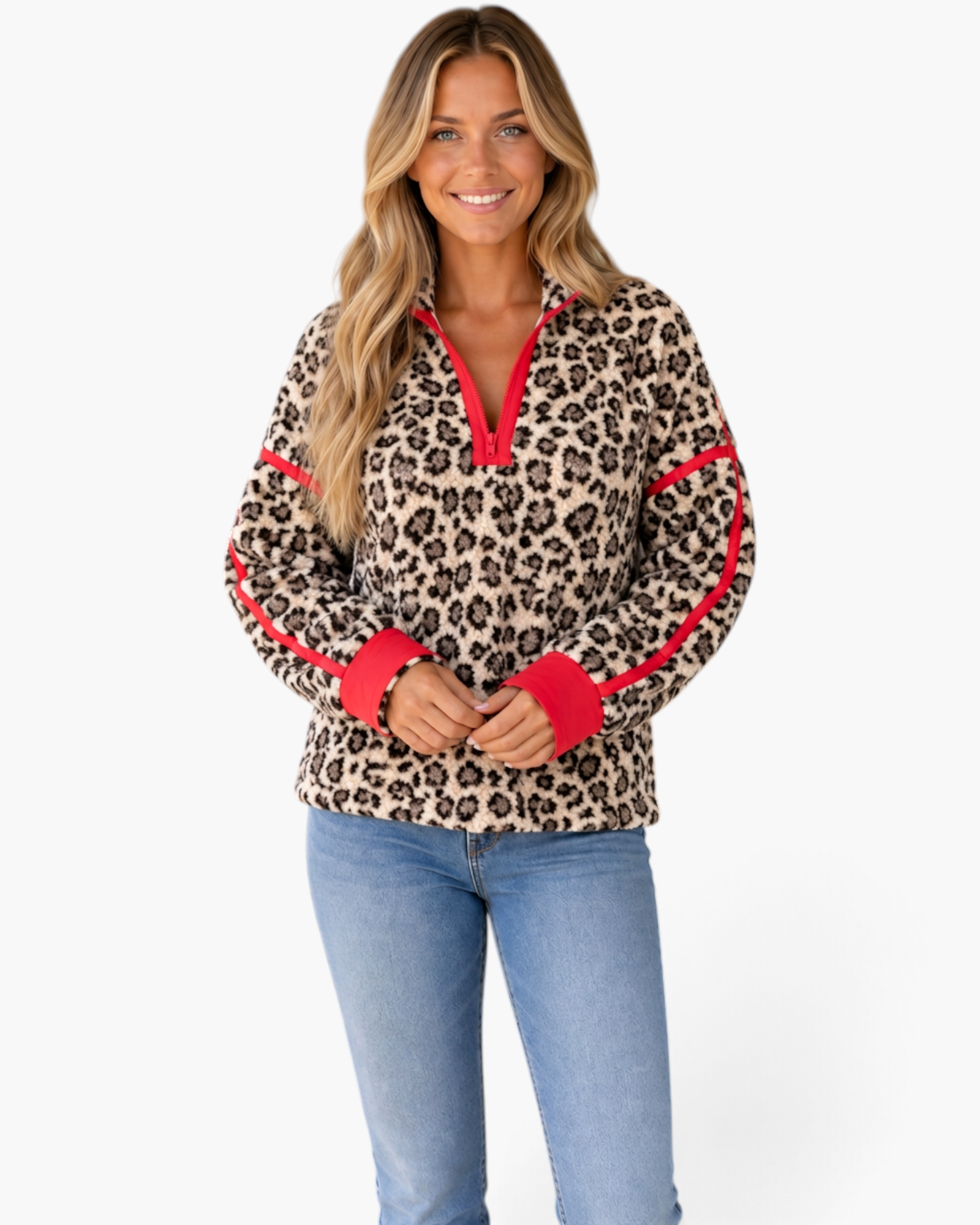 Beach Rose Co. cream leopard print sherpa pullover with a half-zip stand collar and bold red trim on sleeves
