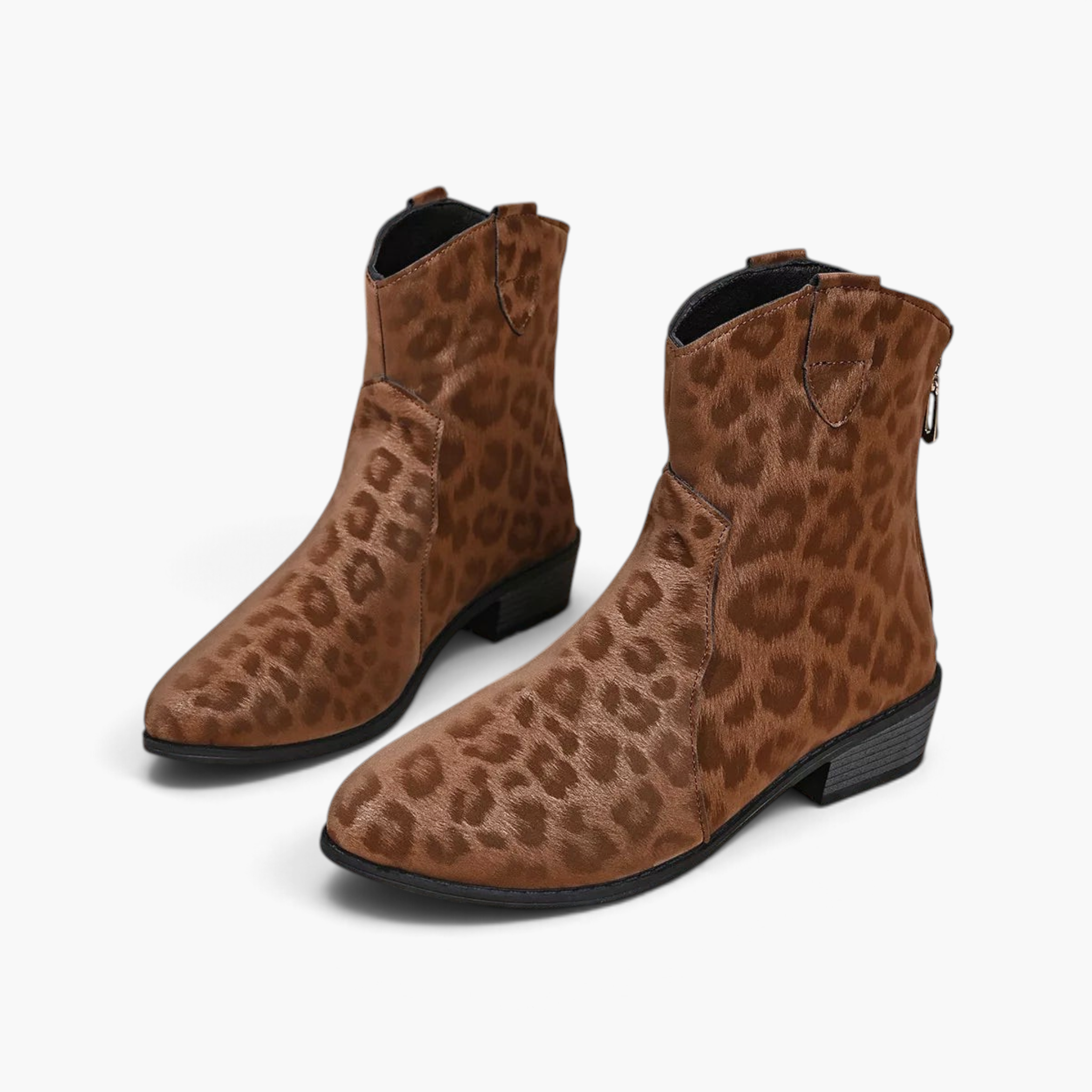 Beach Rose Co. leopard print suede western ankle boots with a curved shaft, almond toe, and low block heel.