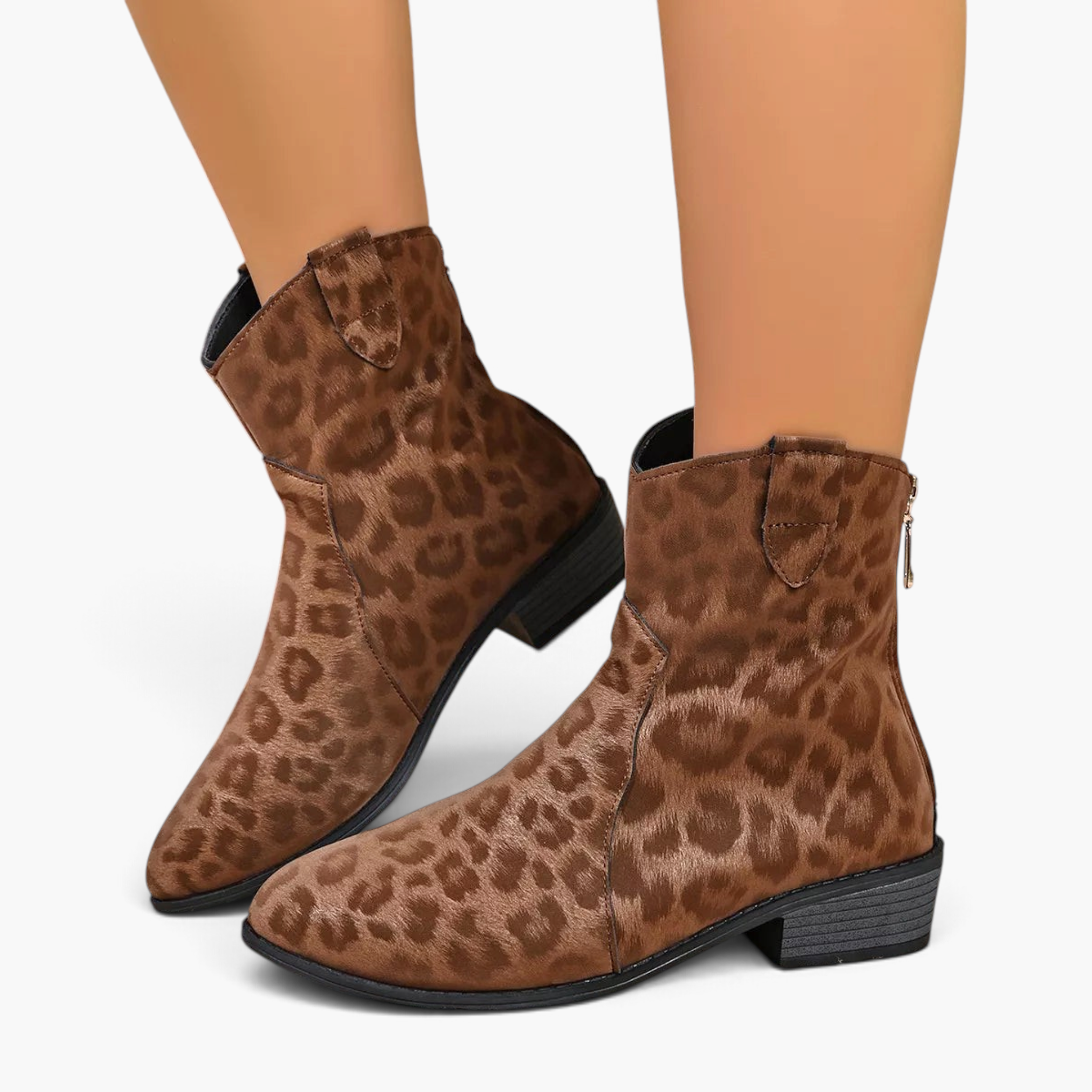 Beach Rose Co. leopard print suede western ankle boots with a curved shaft, back zipper, and low block heel.