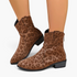 Beach Rose Co. leopard print suede western ankle boots with a curved shaft, back zipper, and low block heel.