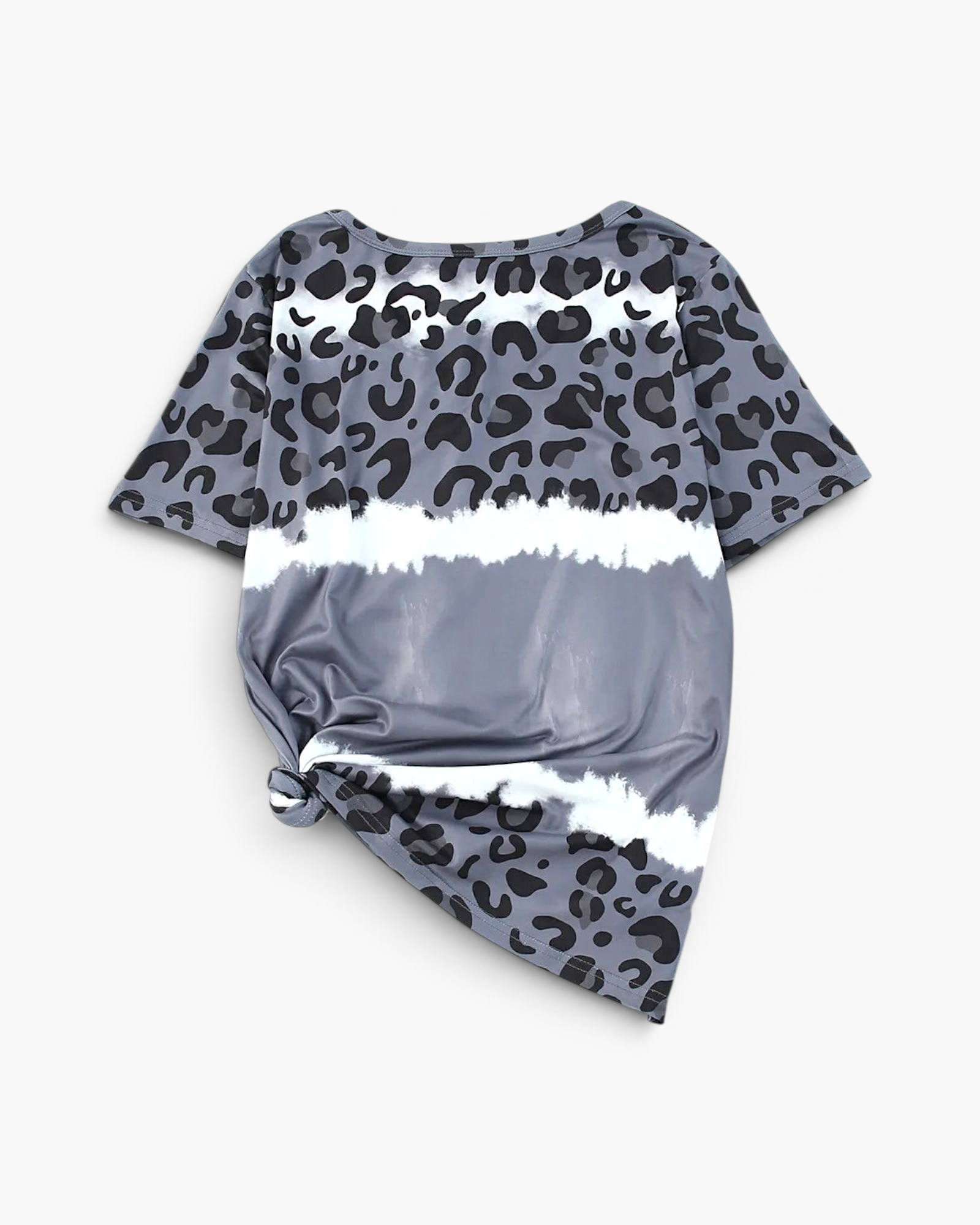 Beach Rose Co. cloudy blue and black leopard print V-neck top with ivory tie-dye bands and a side-tied hem.