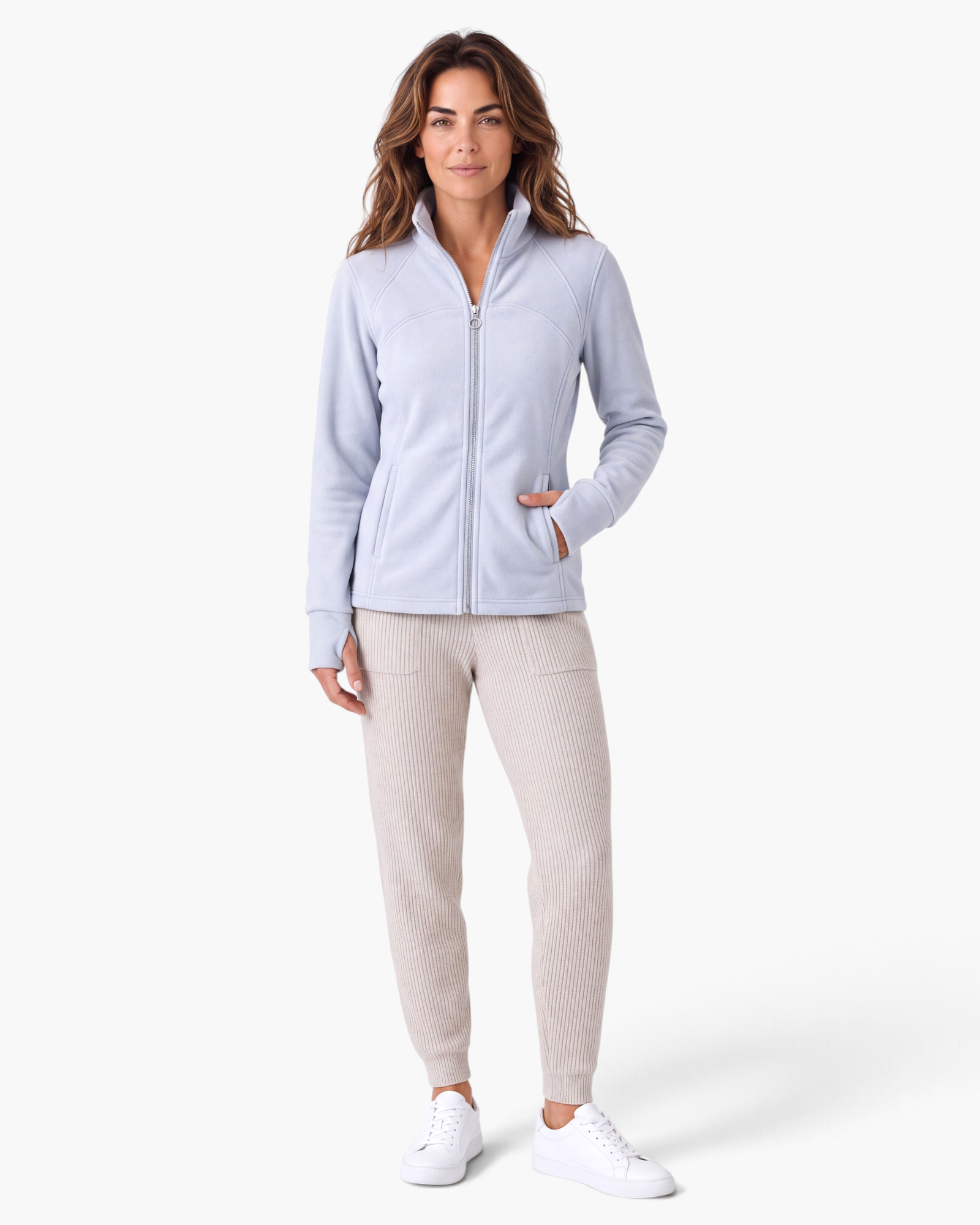 Beach Rose Co. light blue fitted polyester zip-up jacket with stand collar and contoured seams on a model.