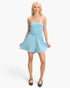 Beach Rose Co. light blue strapless romper with shirred waist and relaxed shorts worn by a blonde model