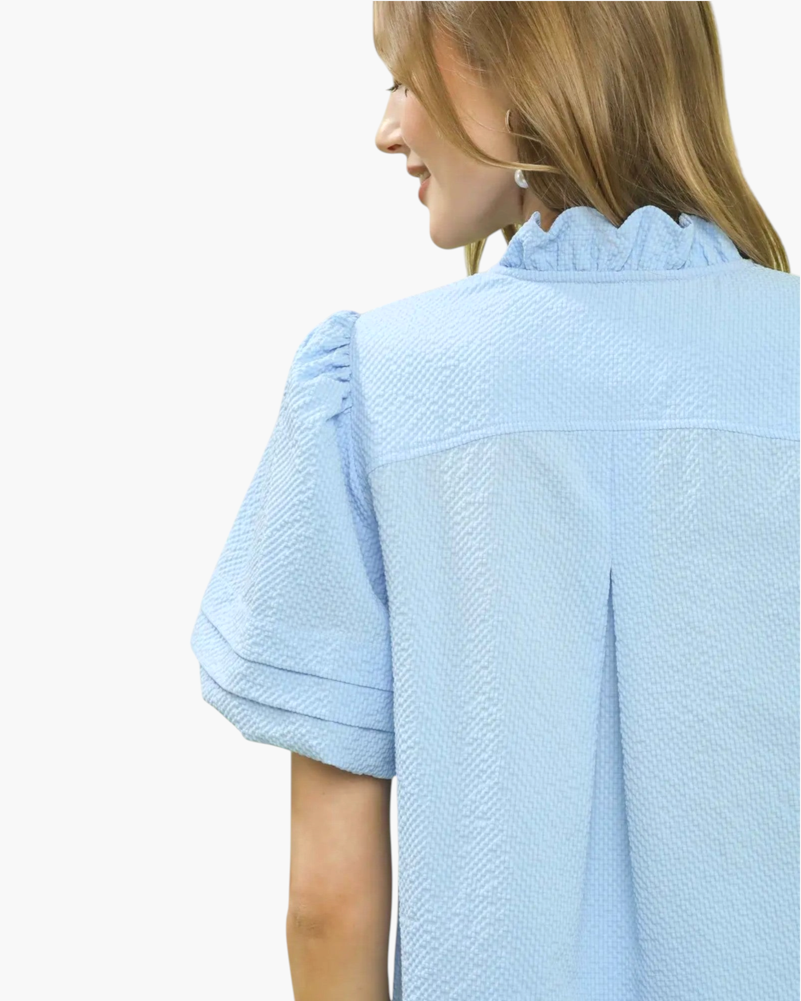 Beach Rose Co. light blue textured blouse featuring a ruffled stand collar, puff sleeves, and a back center pleat.