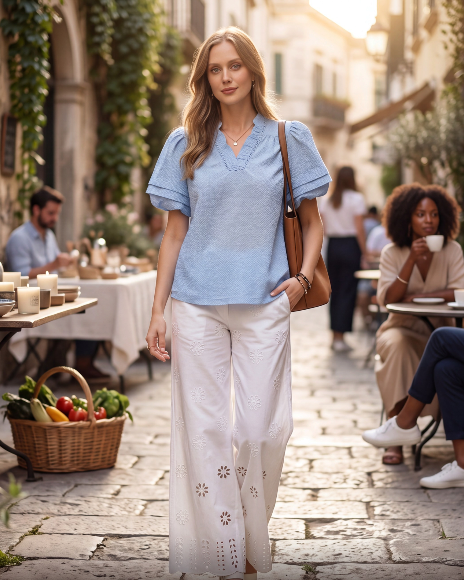 Beach Rose Co. light blue textured puff sleeve blouse with ruffle neck, worn with white eyelet pants in a cafe setting
