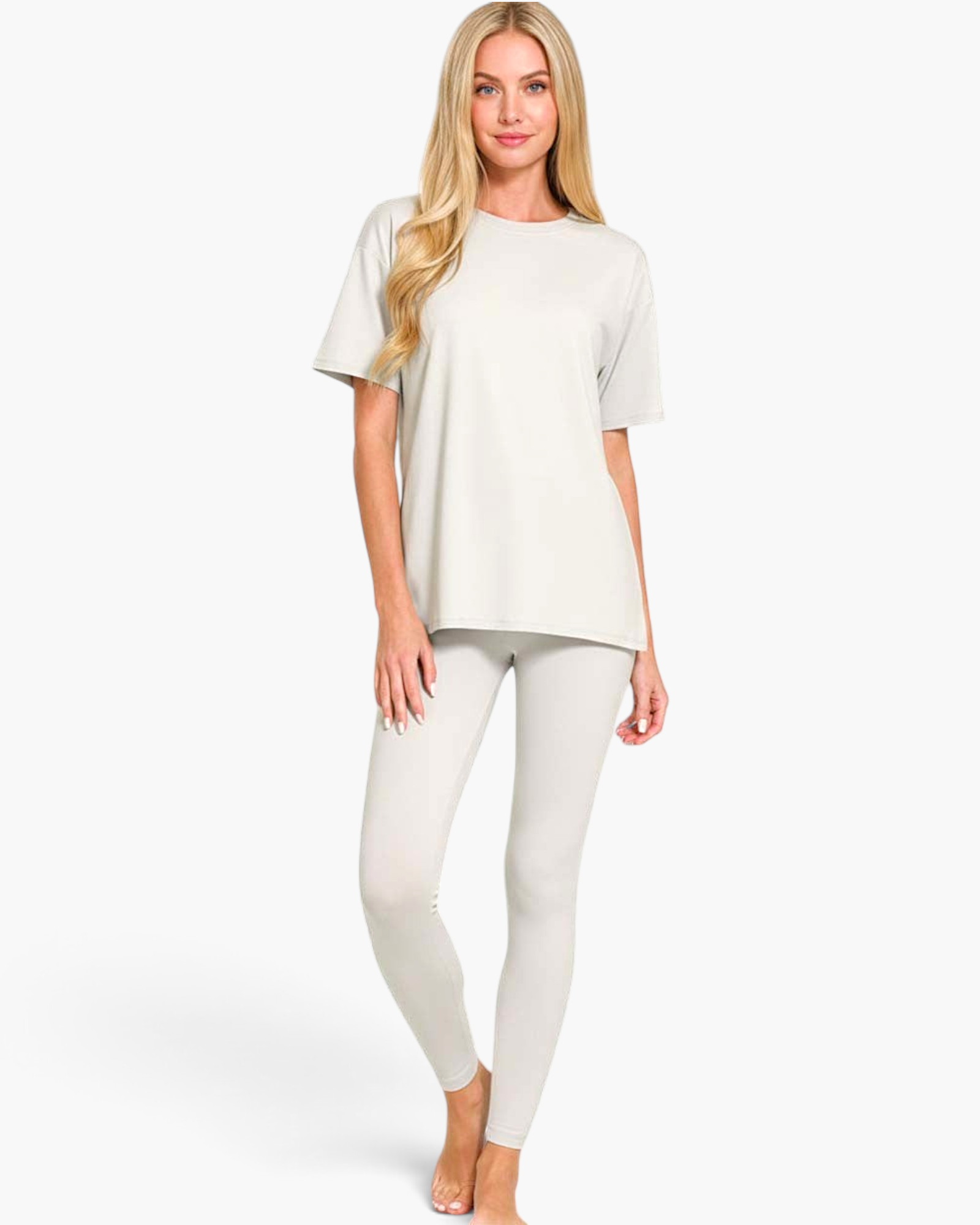 Beach Rose Co. light cement two-piece set featuring a relaxed crew-neck T-shirt and matching full-length leggings.