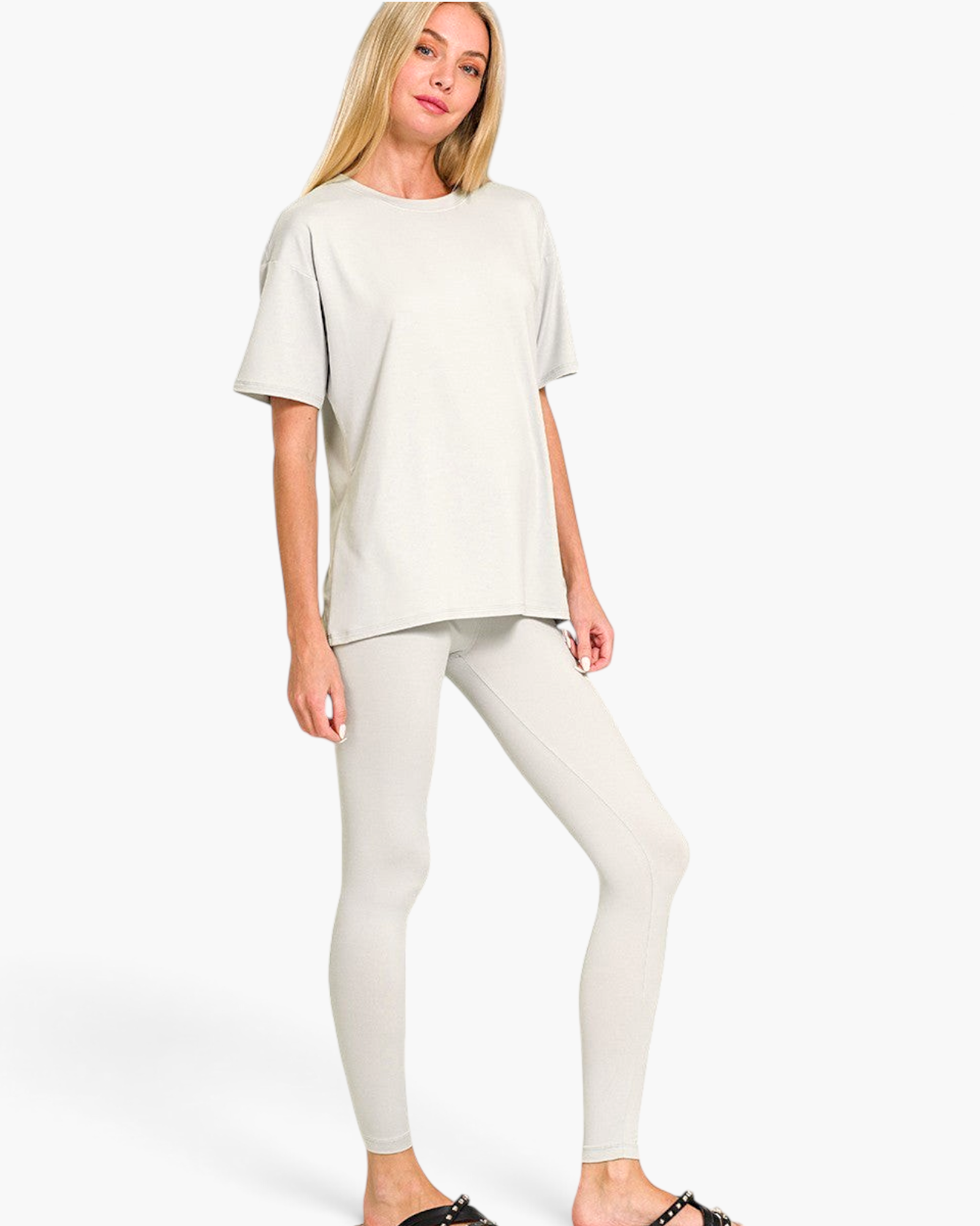 Beach Rose Co. light cement two-piece set featuring a relaxed crew-neck T-shirt and full-length stretchy leggings.