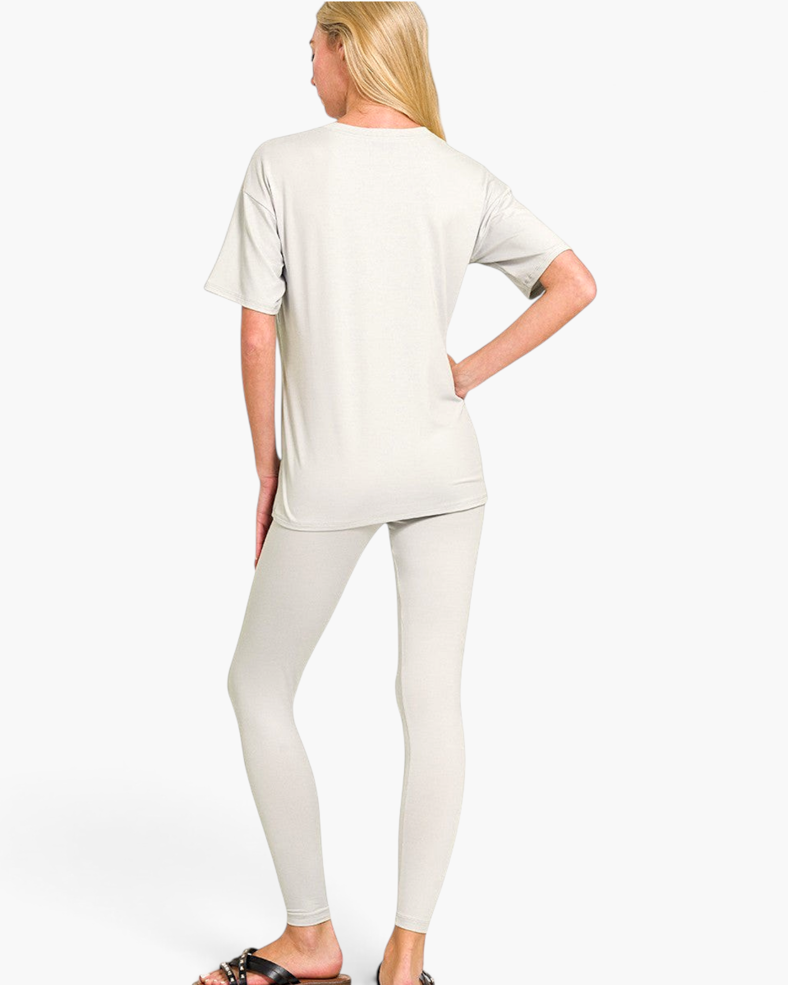 Beach Rose Co. light cement two-piece set with a relaxed short-sleeve t-shirt and full-length leggings, back view.
