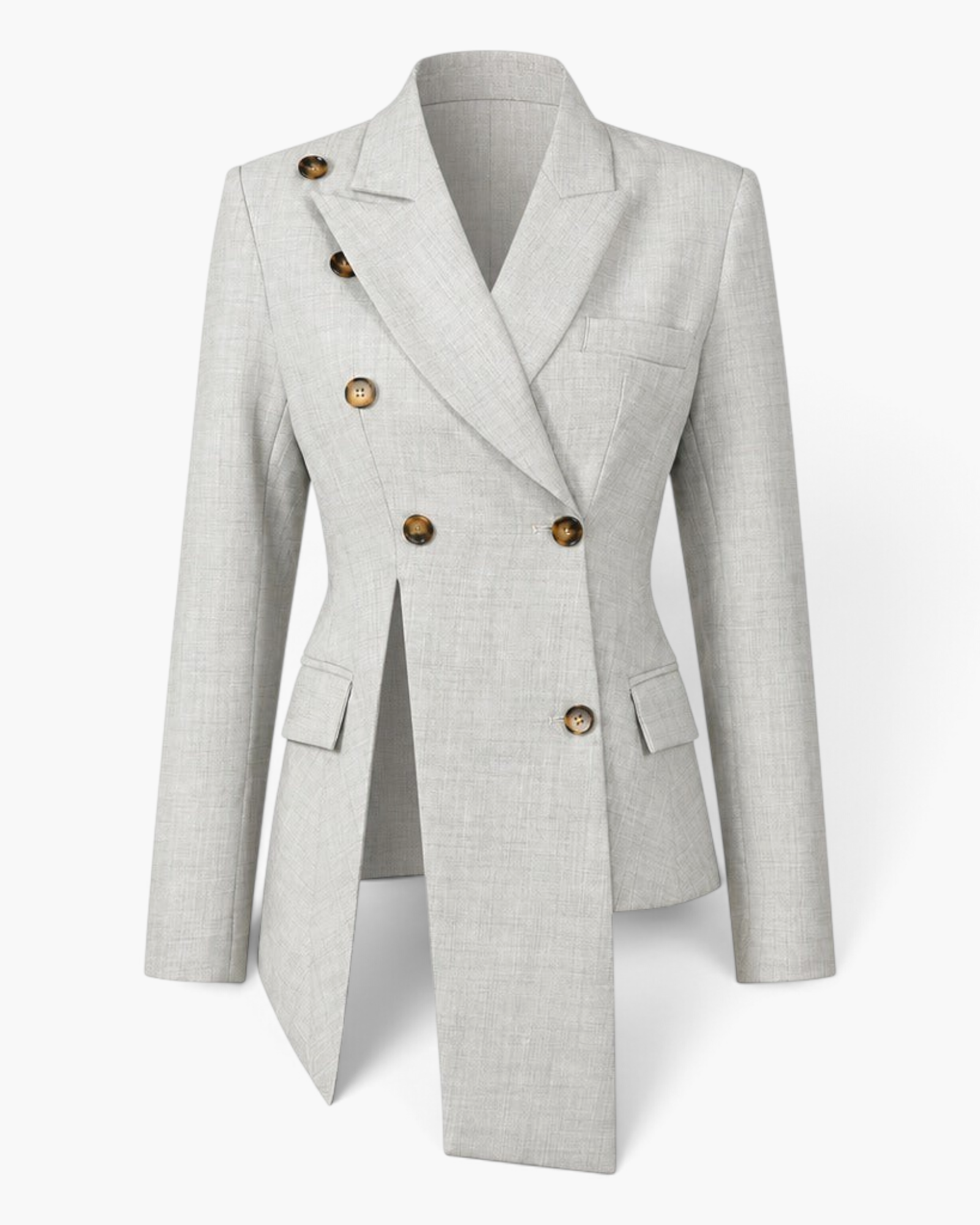 Beach Rose Co. light gray asymmetrical double-breasted blazer with notched lapels and tailored waist