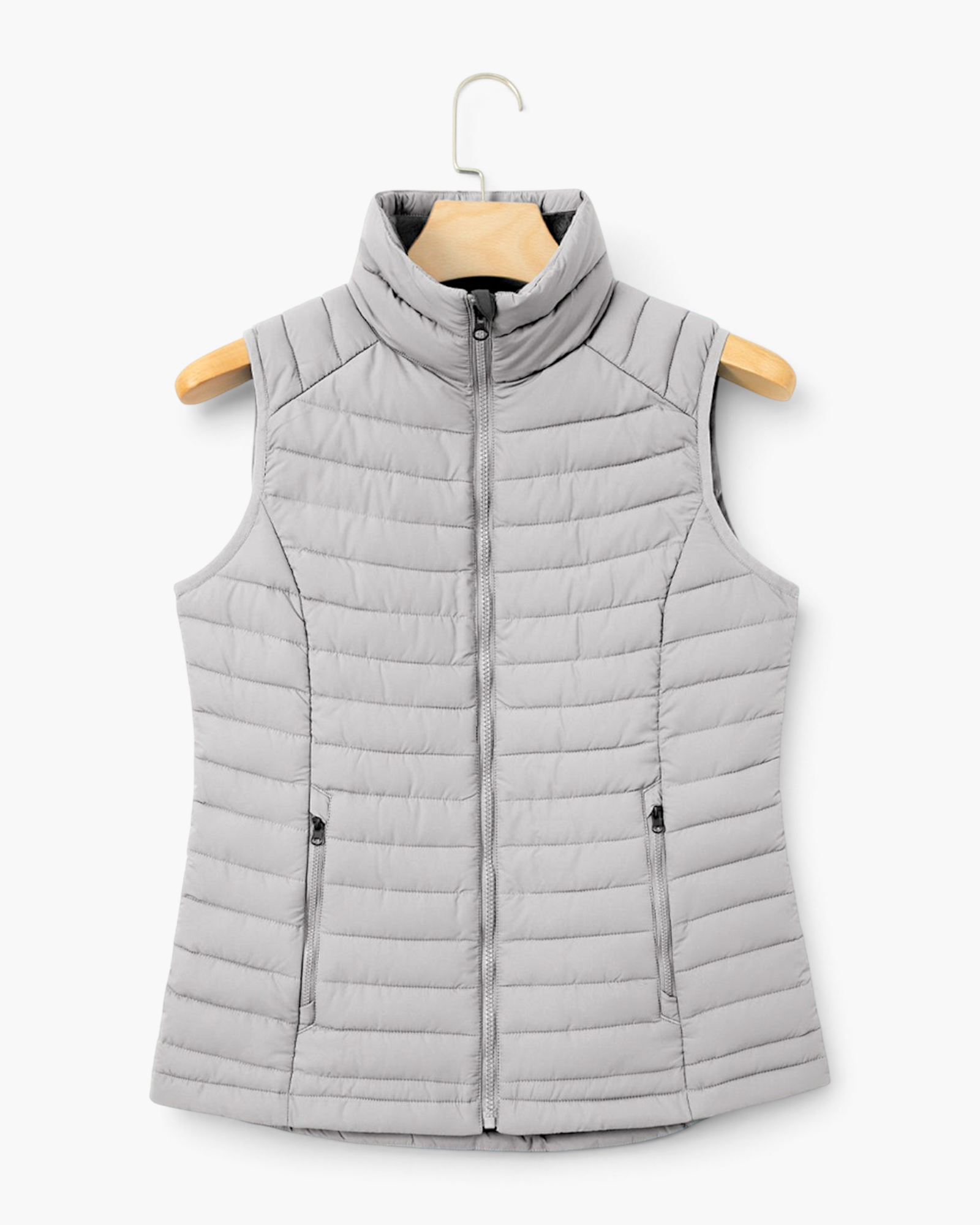 Beach Rose Co. light gray quilted vest with a faux-fur-lined stand collar and zippered pockets on a wooden hanger.