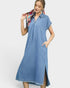 Beach Rose Co. light wash denim midi dress with collared neckline, short sleeves, side pockets, and frayed hem.
