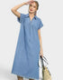 Beach Rose Co. light wash denim midi dress with collared neckline, short sleeves, and frayed hem. Cotton-blend fabric.