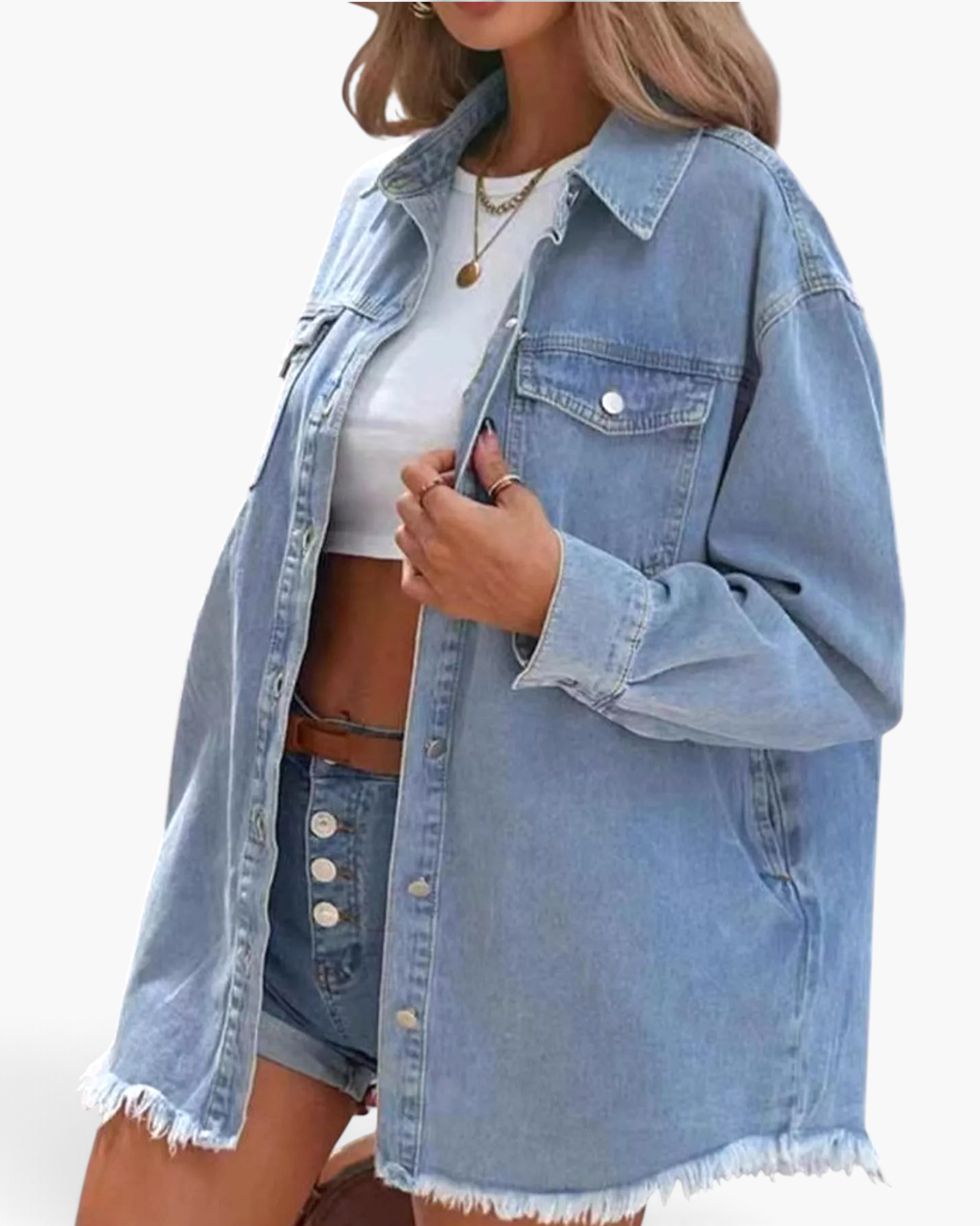 Beach Rose Co. light wash denim shirt with a frayed hem, pointed collar, and button-front closure on a model.