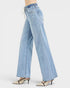 Beach Rose Co. light wash denim wide leg jeans with drawstring waist and pockets. Relaxed fit, casual style.