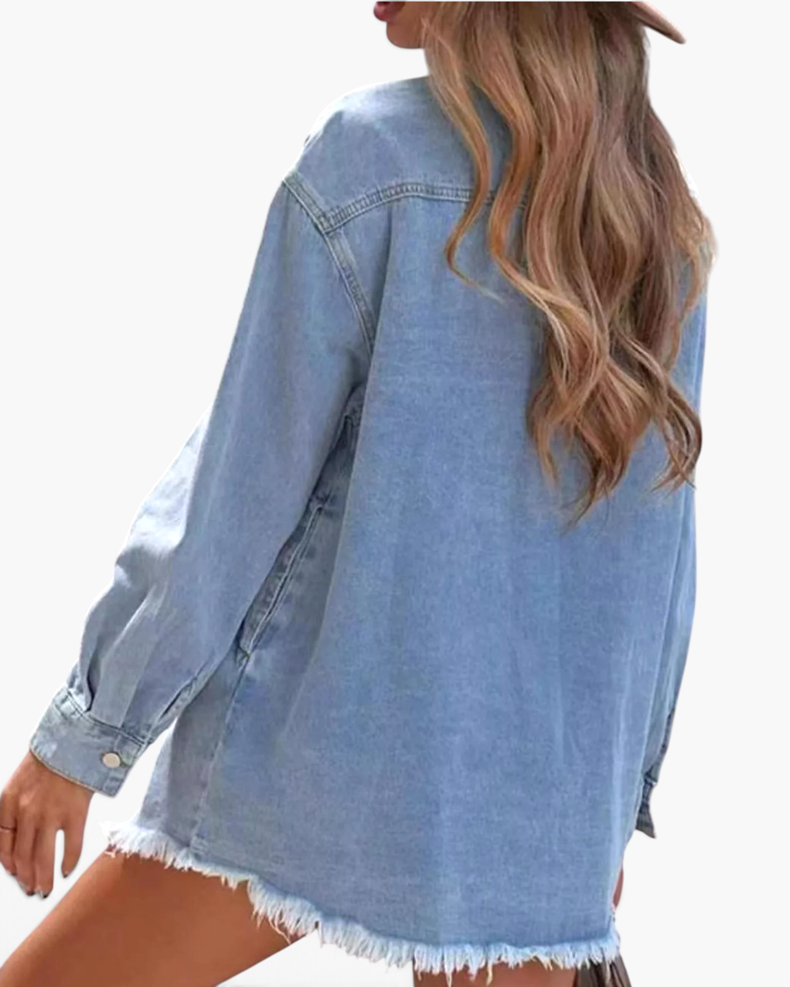 Beach Rose Co. light wash denim shirt with long sleeves and a frayed curved hem viewed from the back