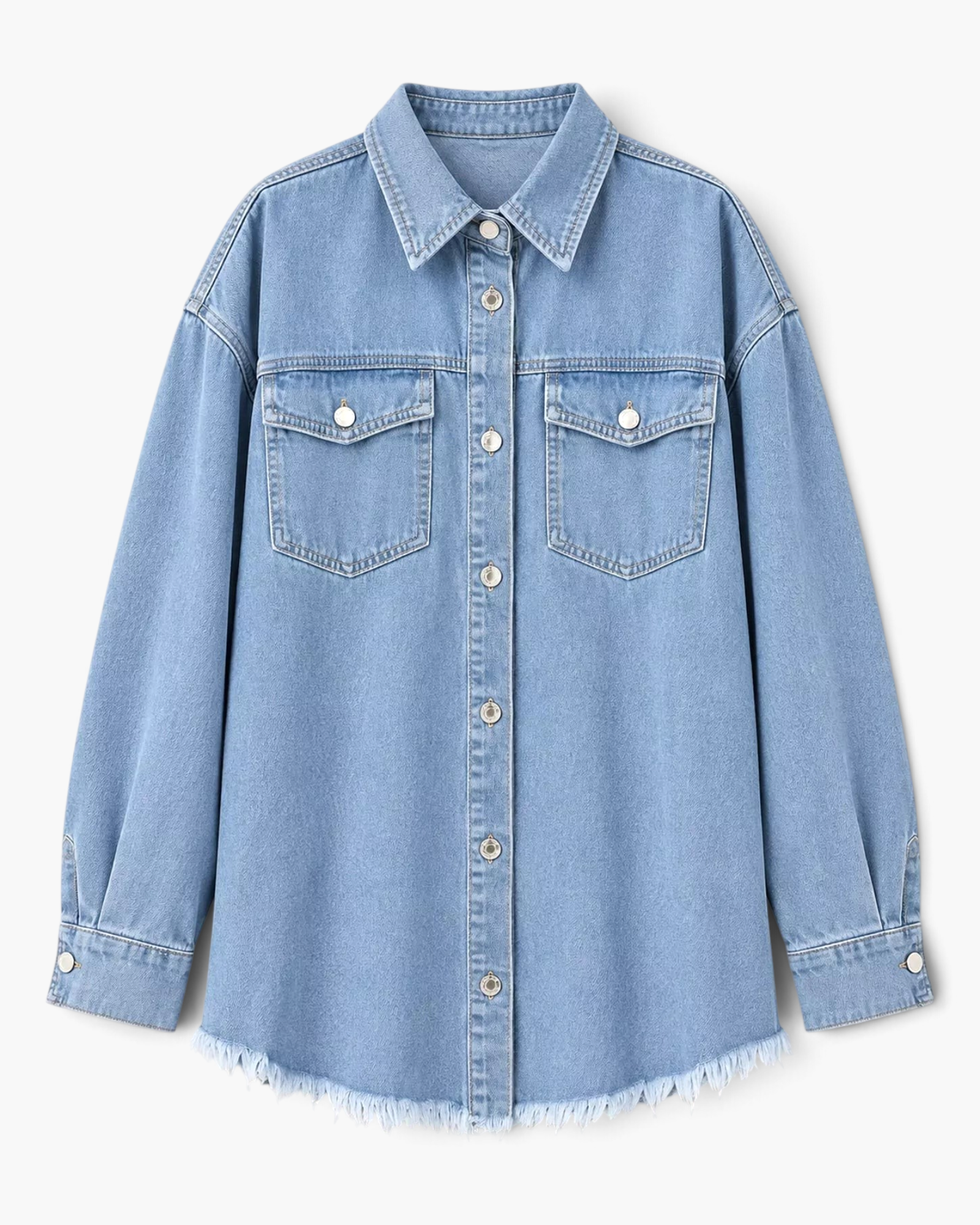 Beach Rose Co. light wash denim shirt with a pointed collar, button front, chest pockets, and a frayed curved hem.
